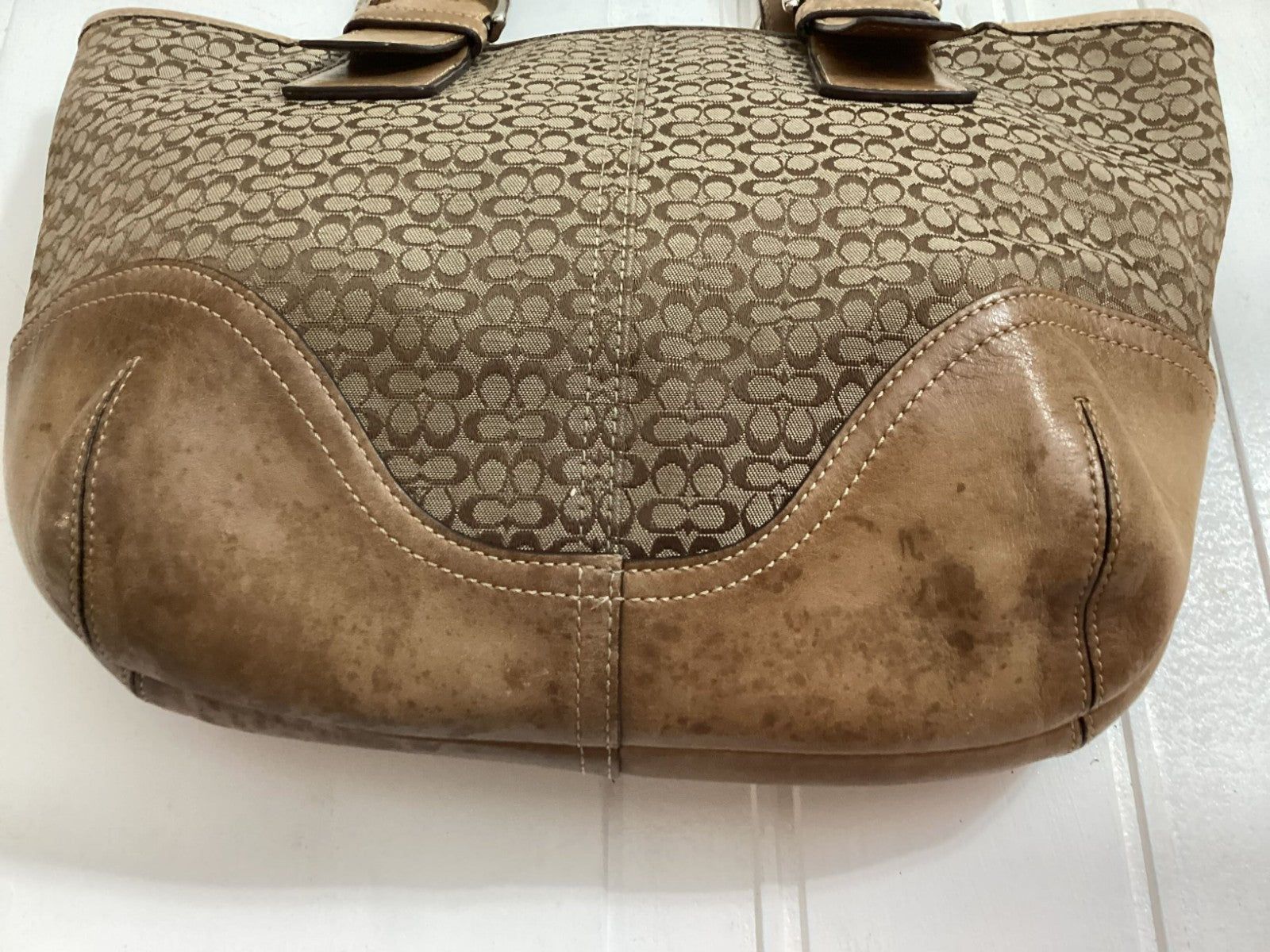 Coach Women's Signature Logo Brown Leather Canvass Double Handle Tote Bag