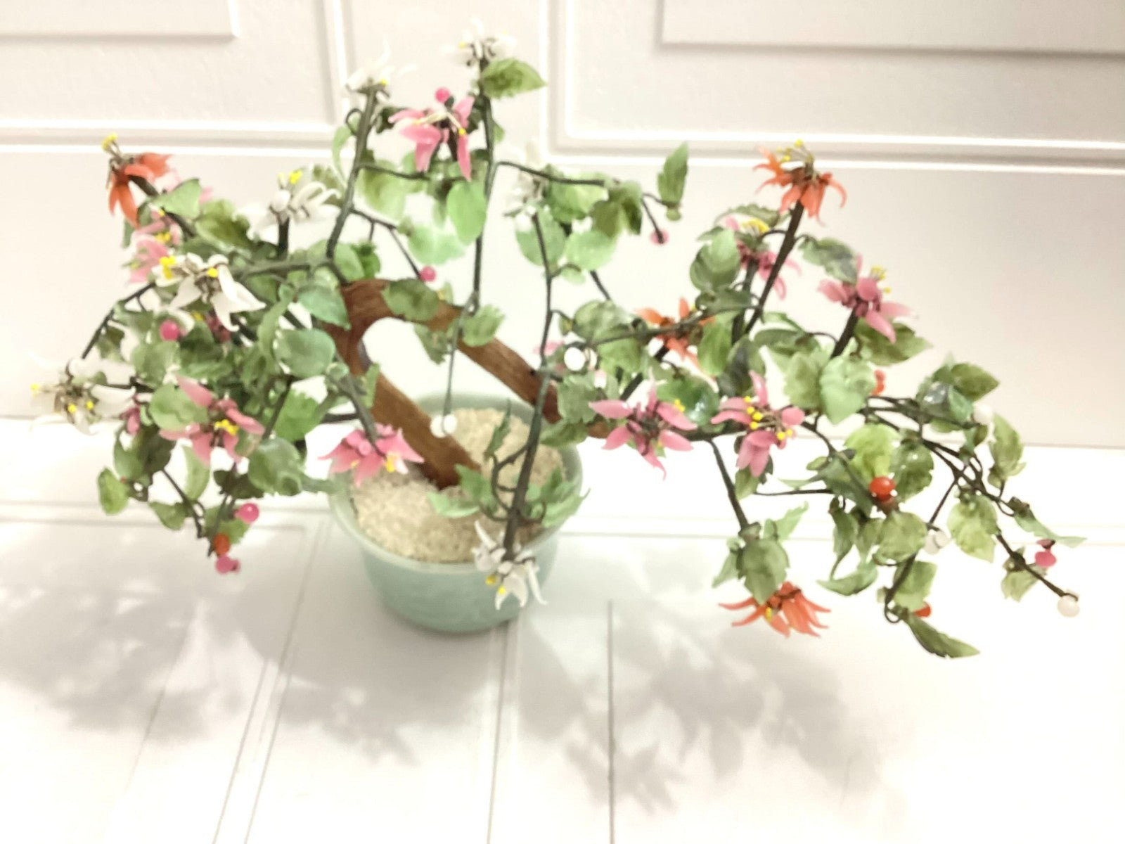 Japanese Vintage Artificial Bonsai Tree And Jade Flowers
