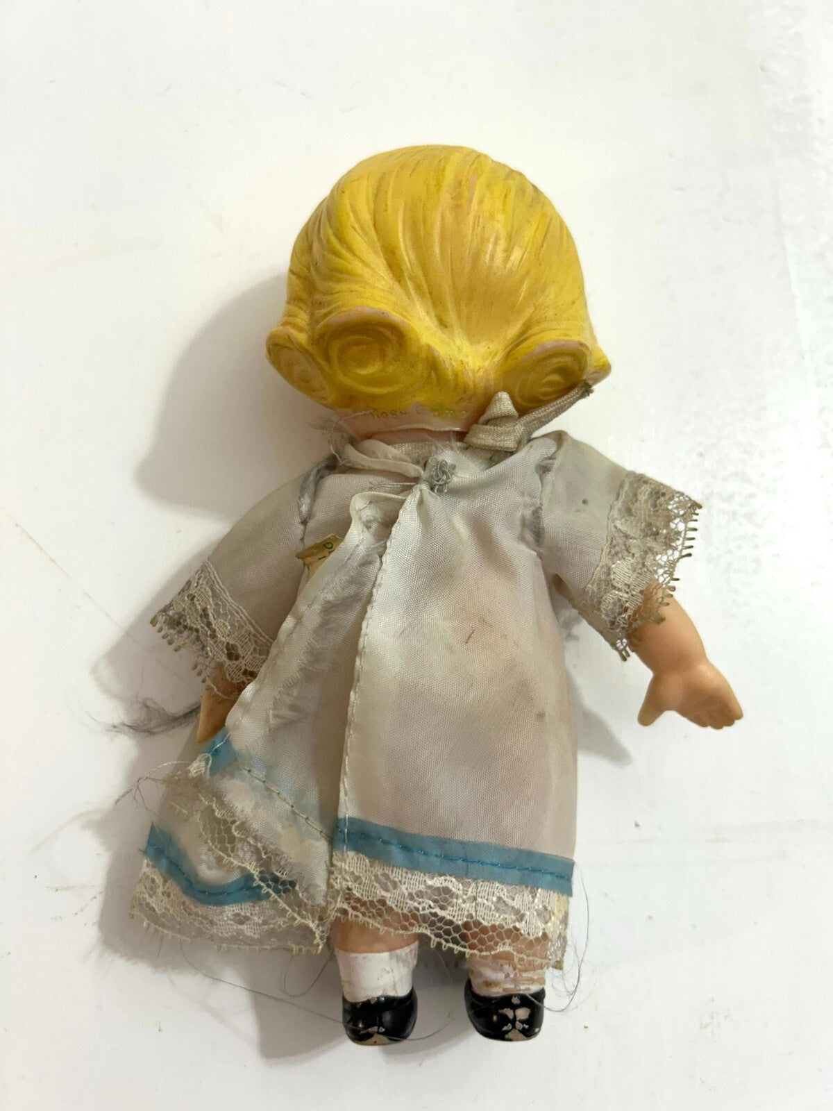 Vintage Collectible Yellow Hair White Complexion Toy Girl Doll In Dress