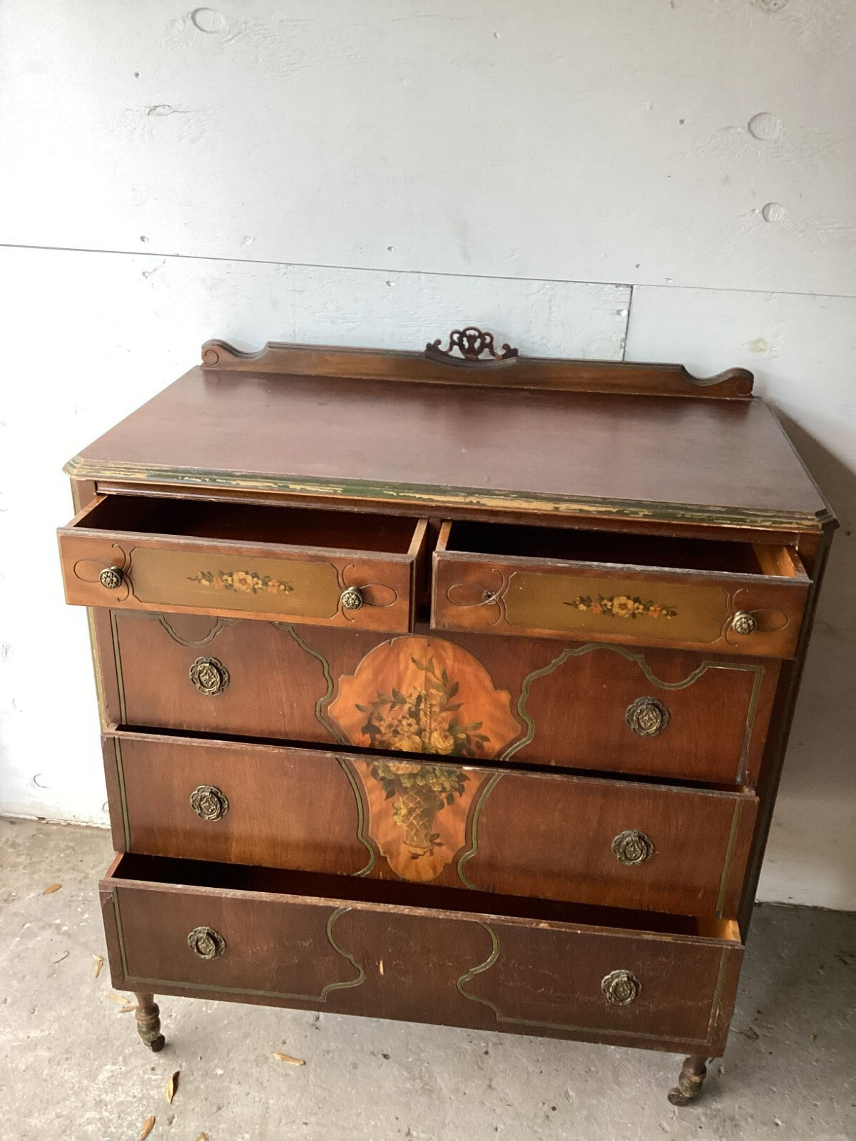 Vintage 5 Drawers Brown Wooden Wheeled Dresser/Chest With Floral Design