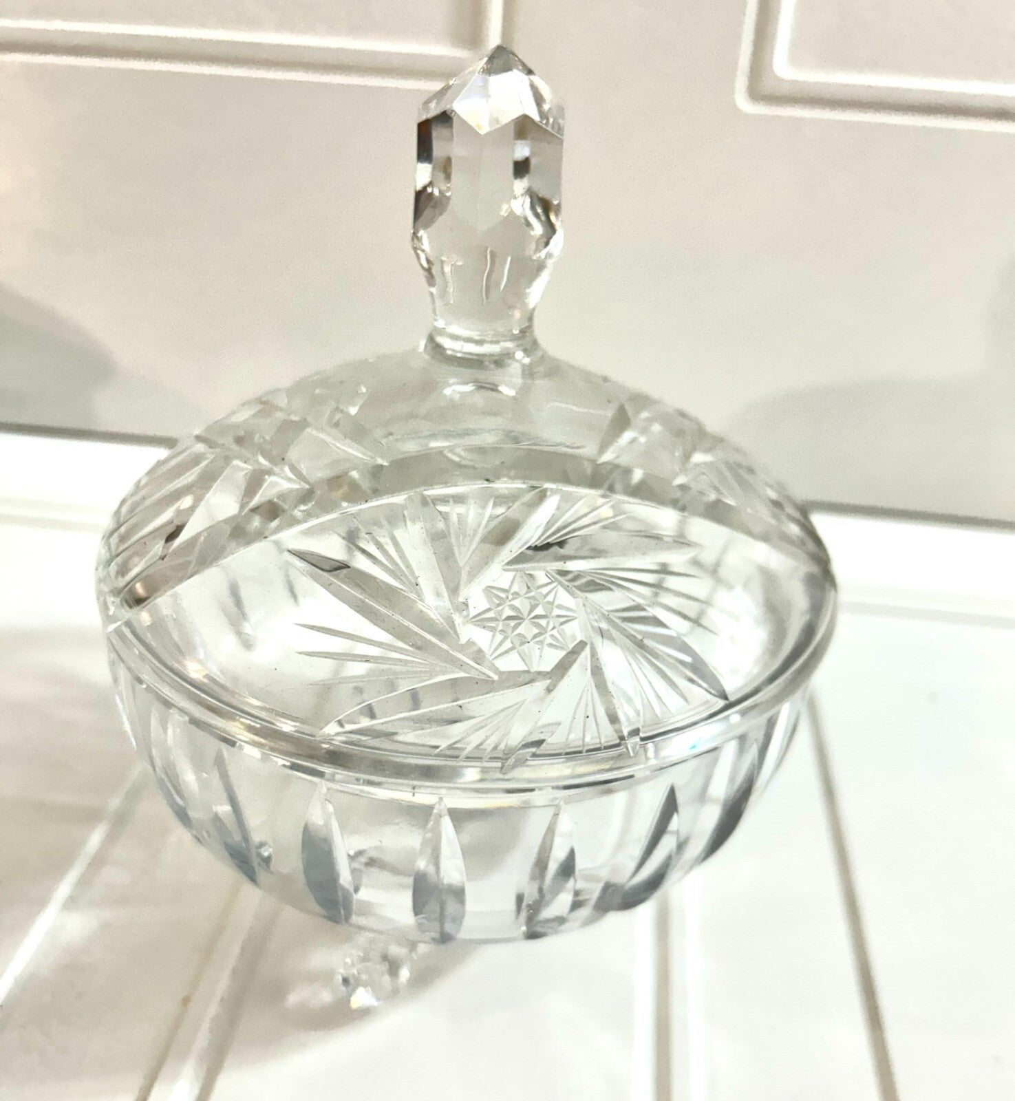 Vintage Clear Glass Footed Bon Bon/Candy Dish With Lid Starburst Design