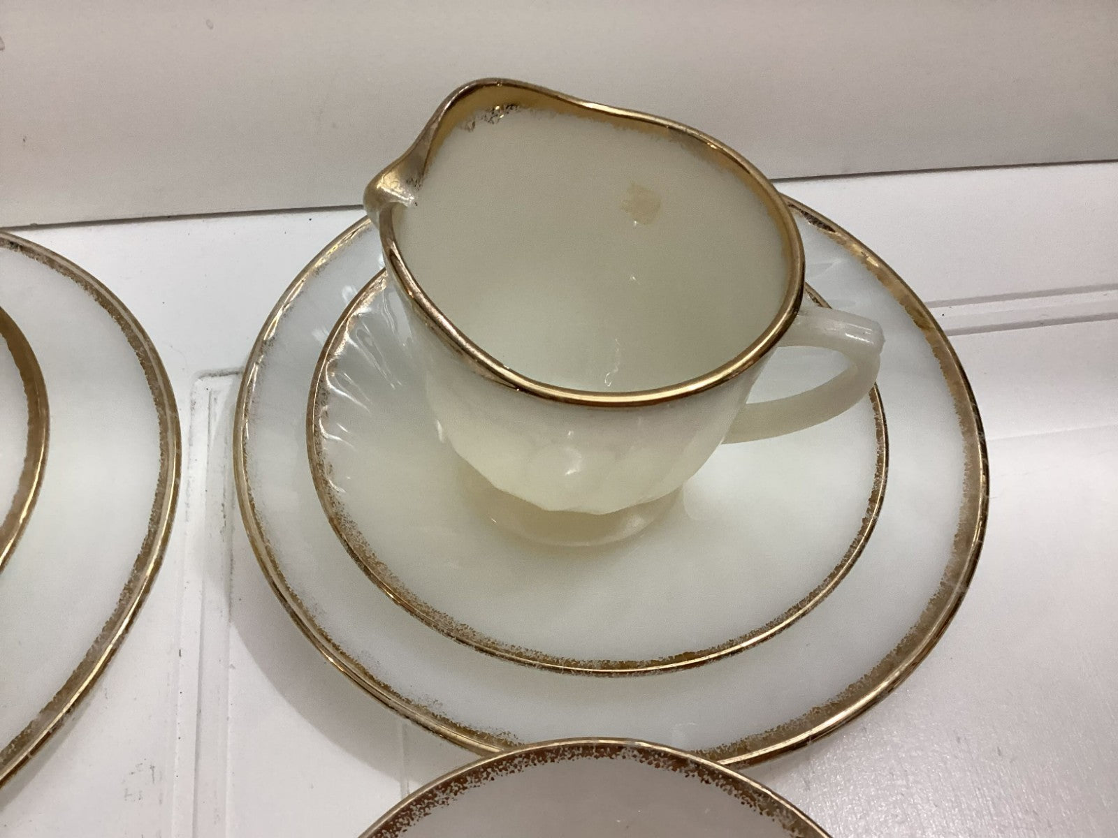 14 Pcs Vintage Fire King White swirl Milk Glass Oven Ware With Gold Rim