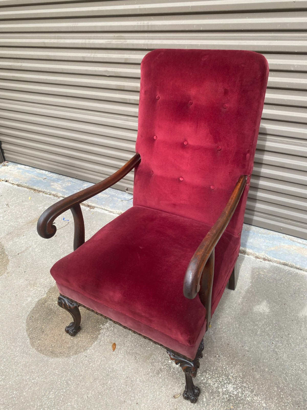 Antique Mahogany Red Velvet Claw Feet George II Arm Chair