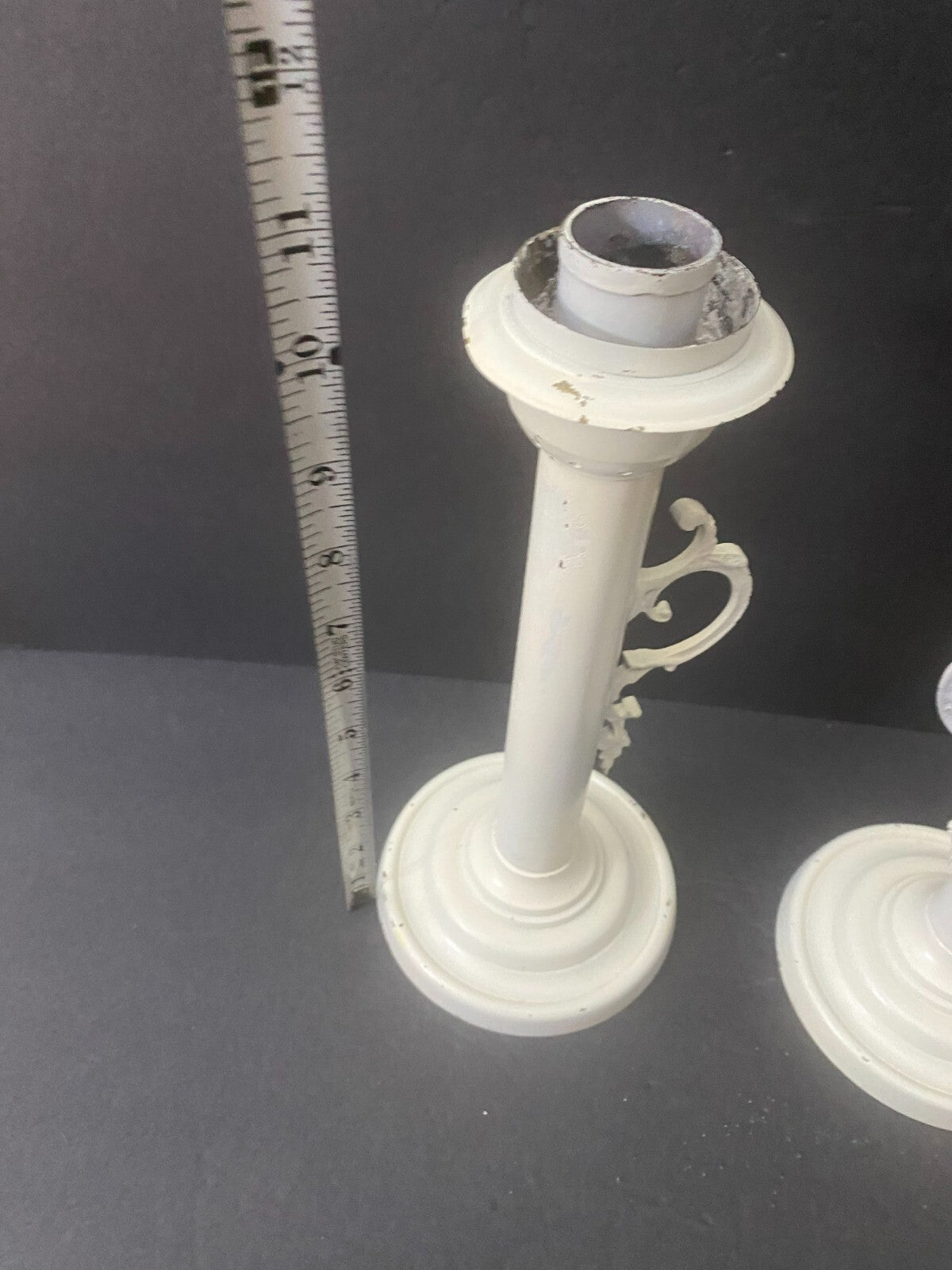 Set Of 2 White Painted Brass Decorative Display Candlesticks Holder 11x5 Inches