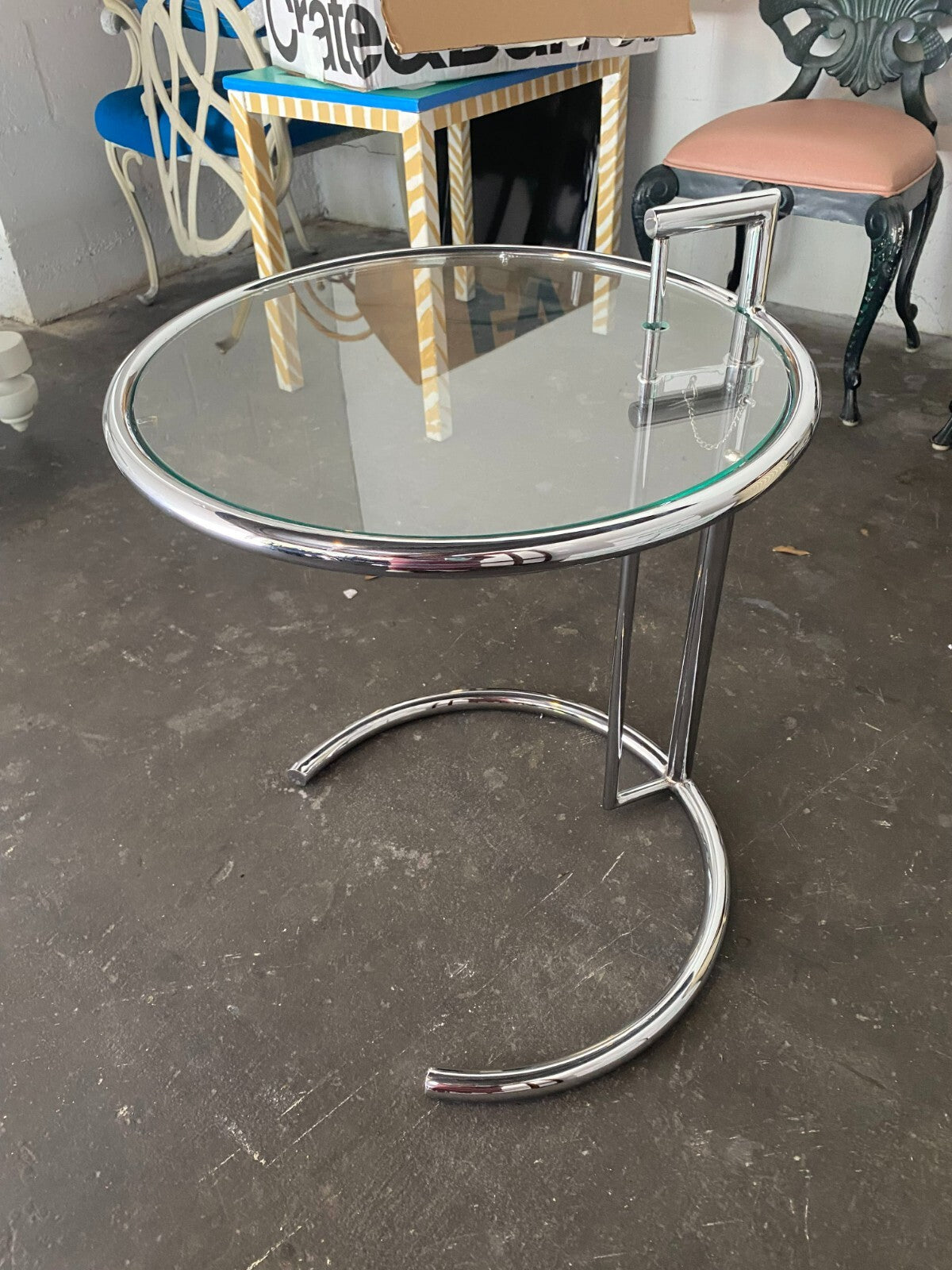 Eilleen Gray Style Chrome Round Glass Top Side Table 20.5 X 23 Inches