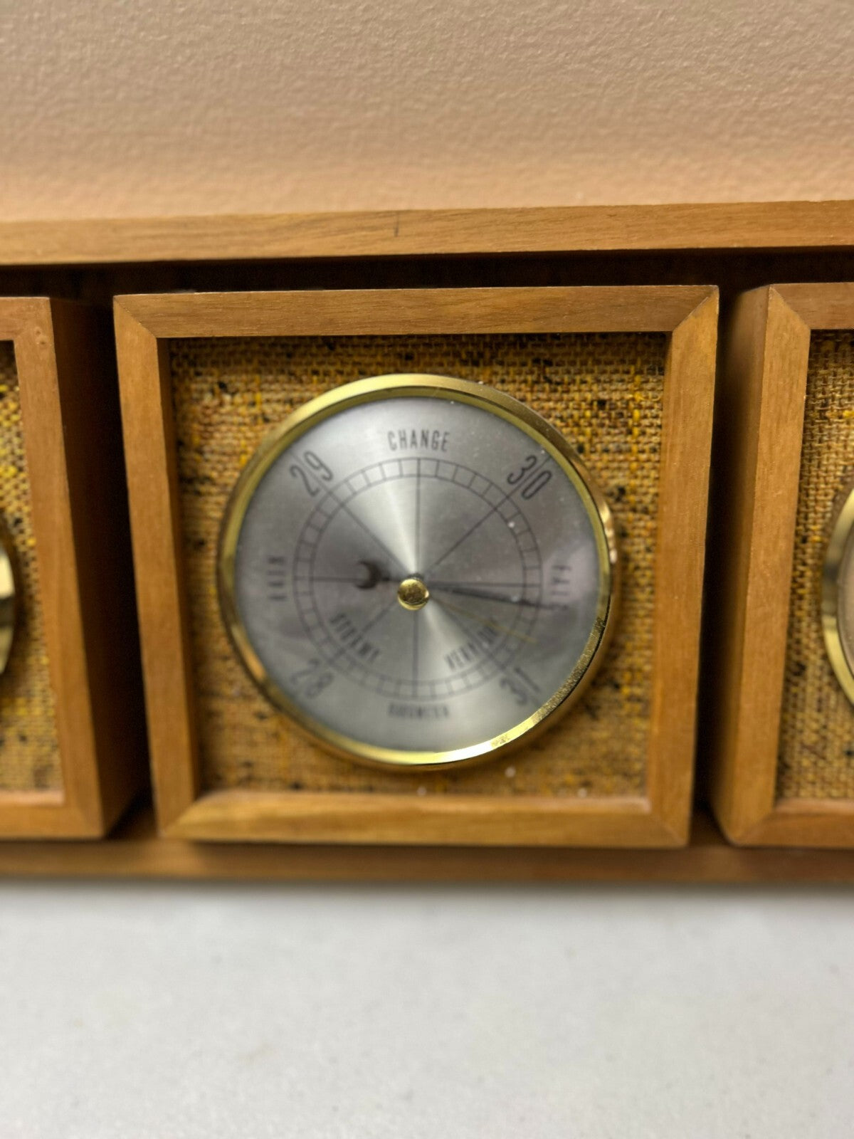 Vintage 3 In 1 In Wooden Brown Case Barometer, Thermometer And Hygrometer