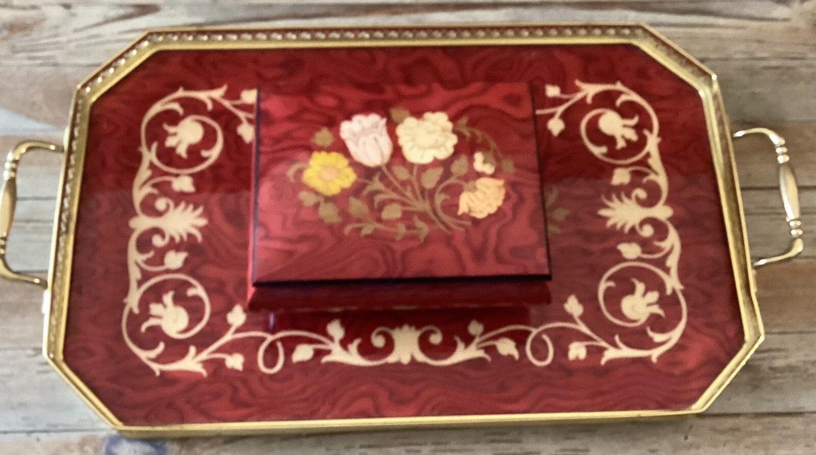 Set Of 2 Edel weiss Art Decor Inlaid Wood Floral Tray And Musical Jewelry box