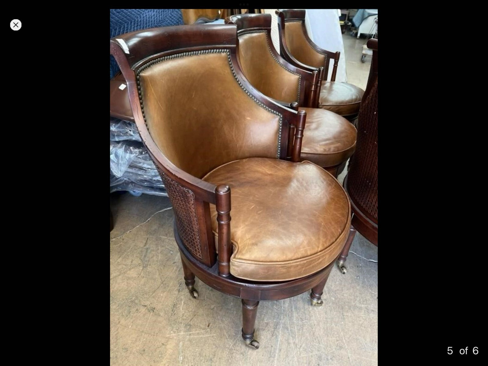 Lot Of 5 Drexel Heritage Cane Back Brown Leather Swivel Wheeled Legs