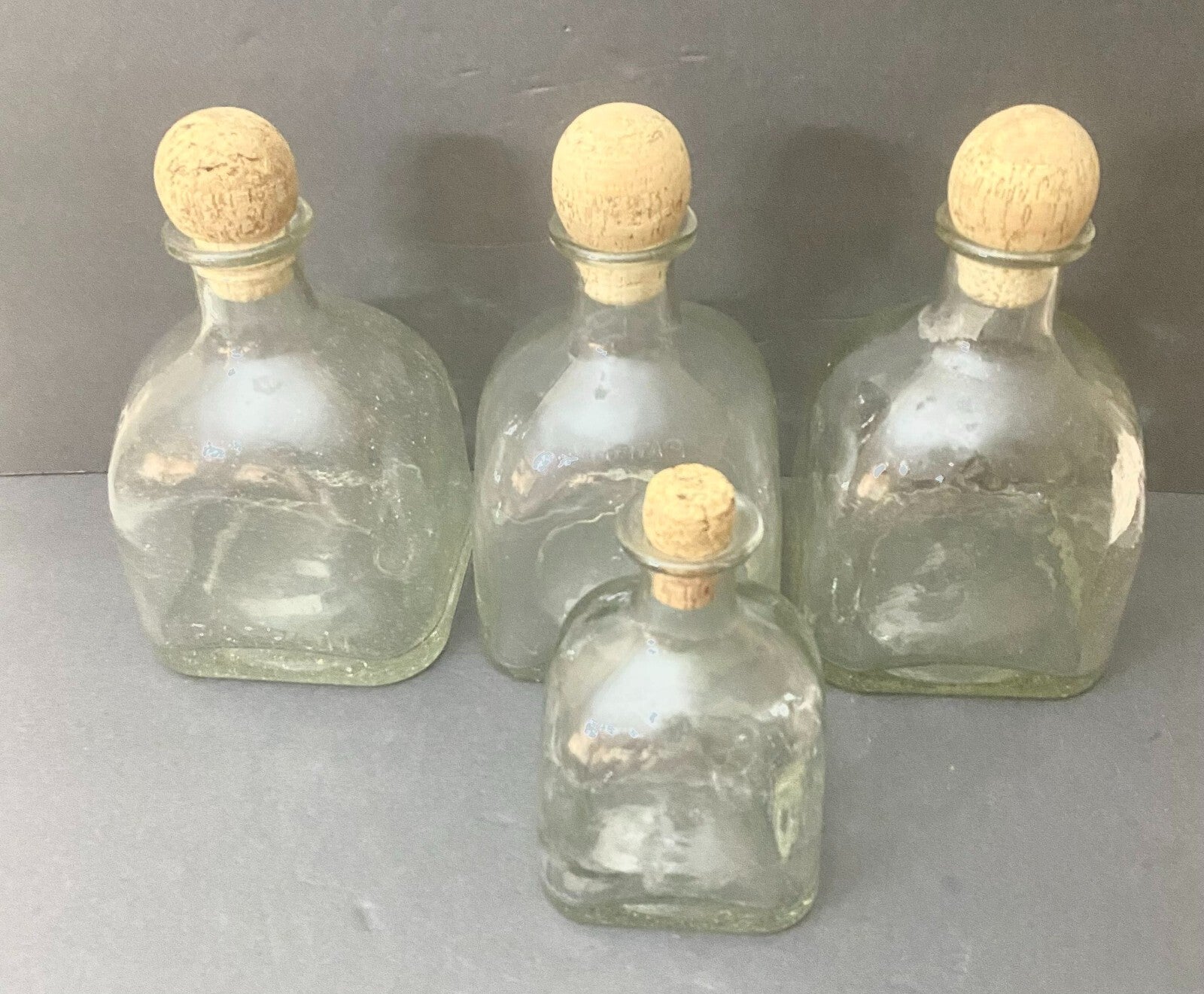 Lot Of 4 Clear Glass Patron Display Tequila Decanters With Cork Lid