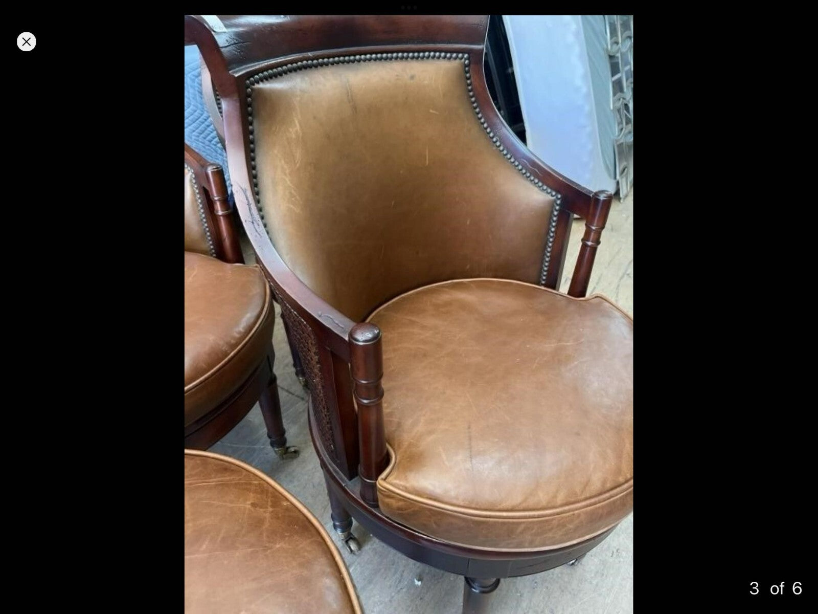 Lot Of 5 Drexel Heritage Cane Back Brown Leather Swivel Wheeled Legs