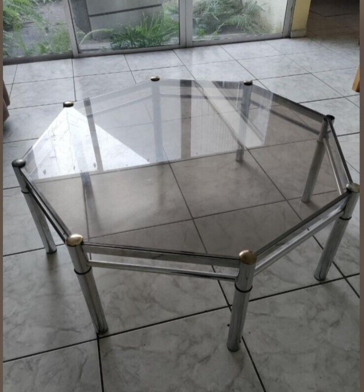 Vintage Hollywood Regency Smoked Glass And Chrome Octagonal Cocktail Table