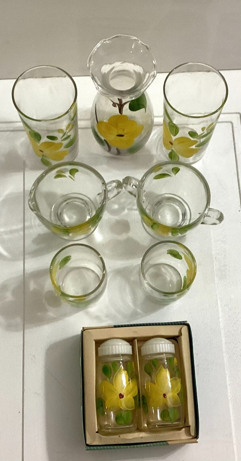 Vtg Floral Hand Painted 70’s Juice Glasses, TeaCup, Carafe, Salt/Pepper Shaker