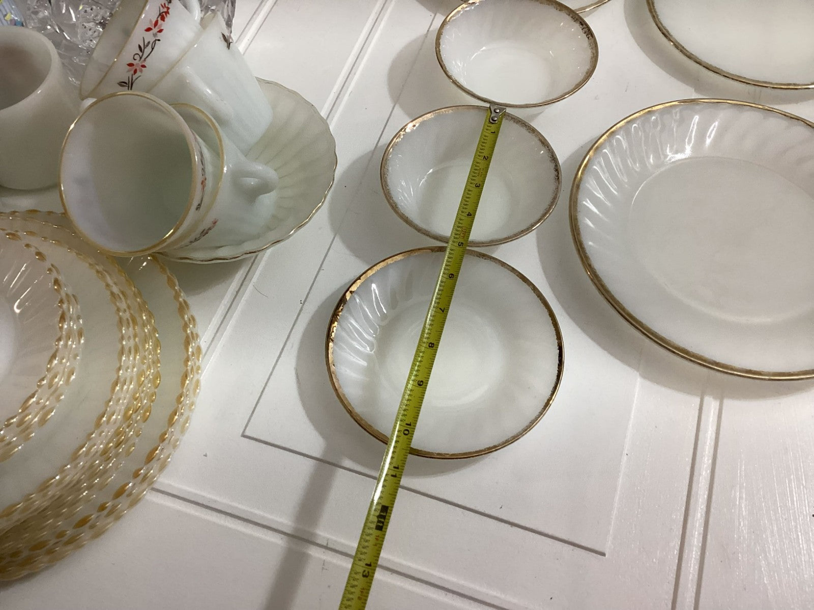 14 Pcs Vintage Fire King White swirl Milk Glass Oven Ware With Gold Rim