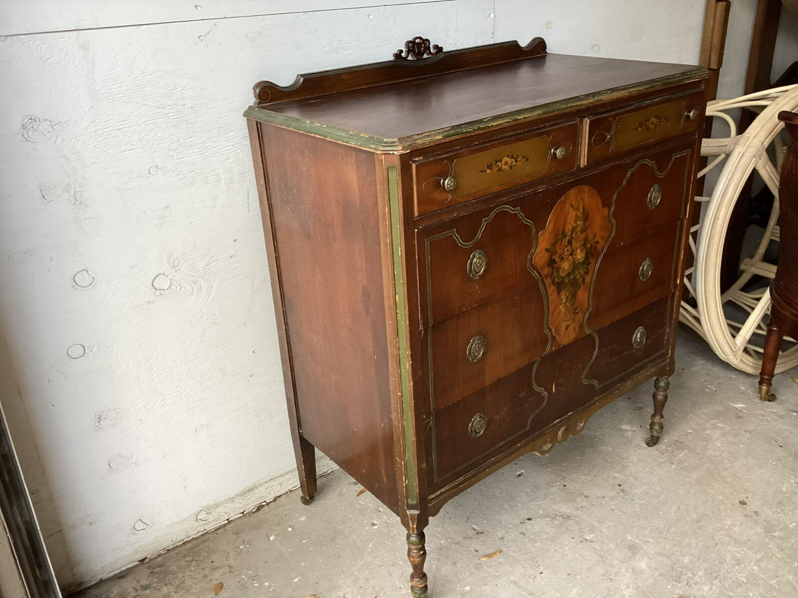 Vintage 5 Drawers Brown Wooden Wheeled Dresser/Chest With Floral Design