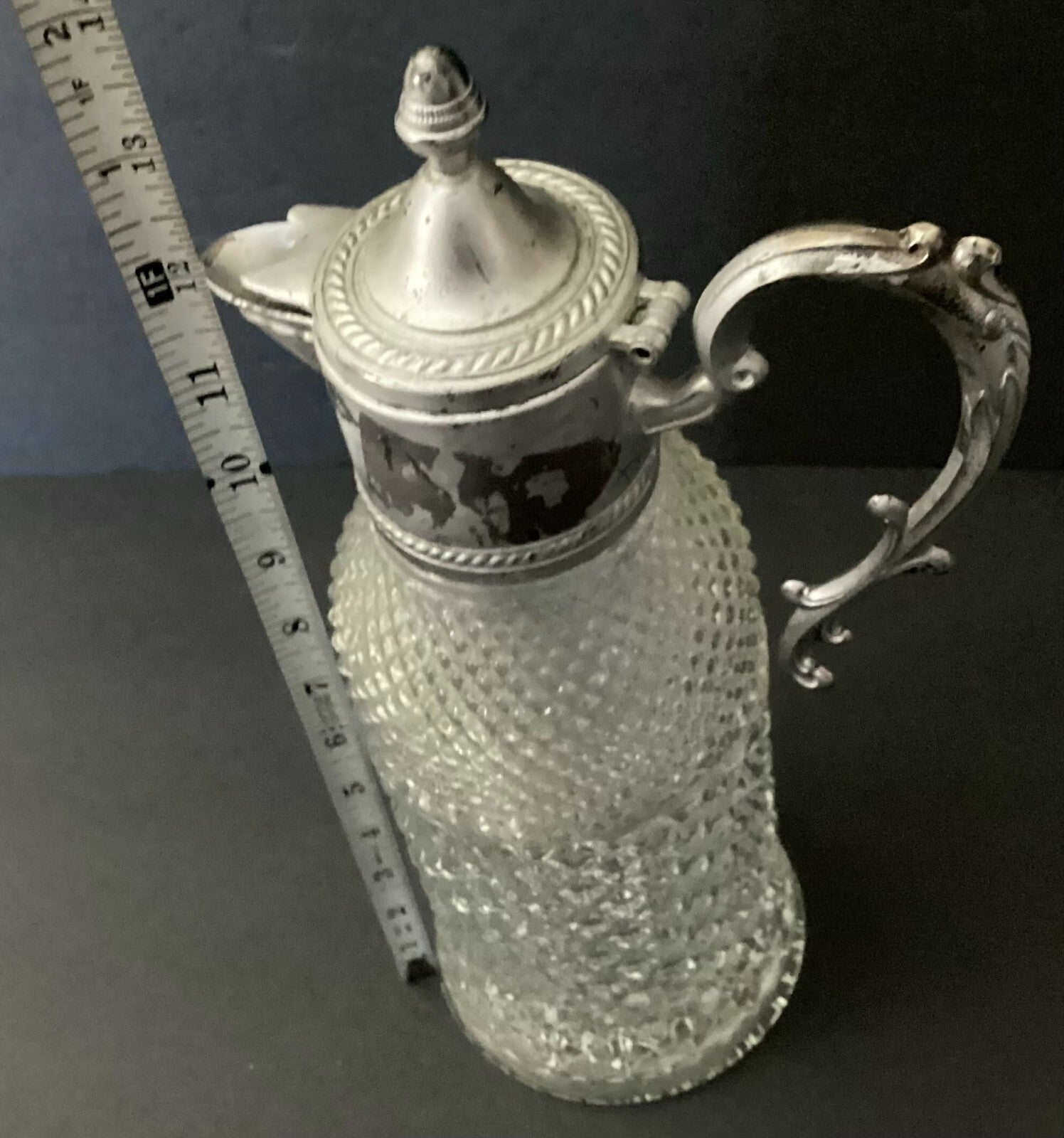 Pressed Glass Crystal Pitcher Decanter Silver Plate Top