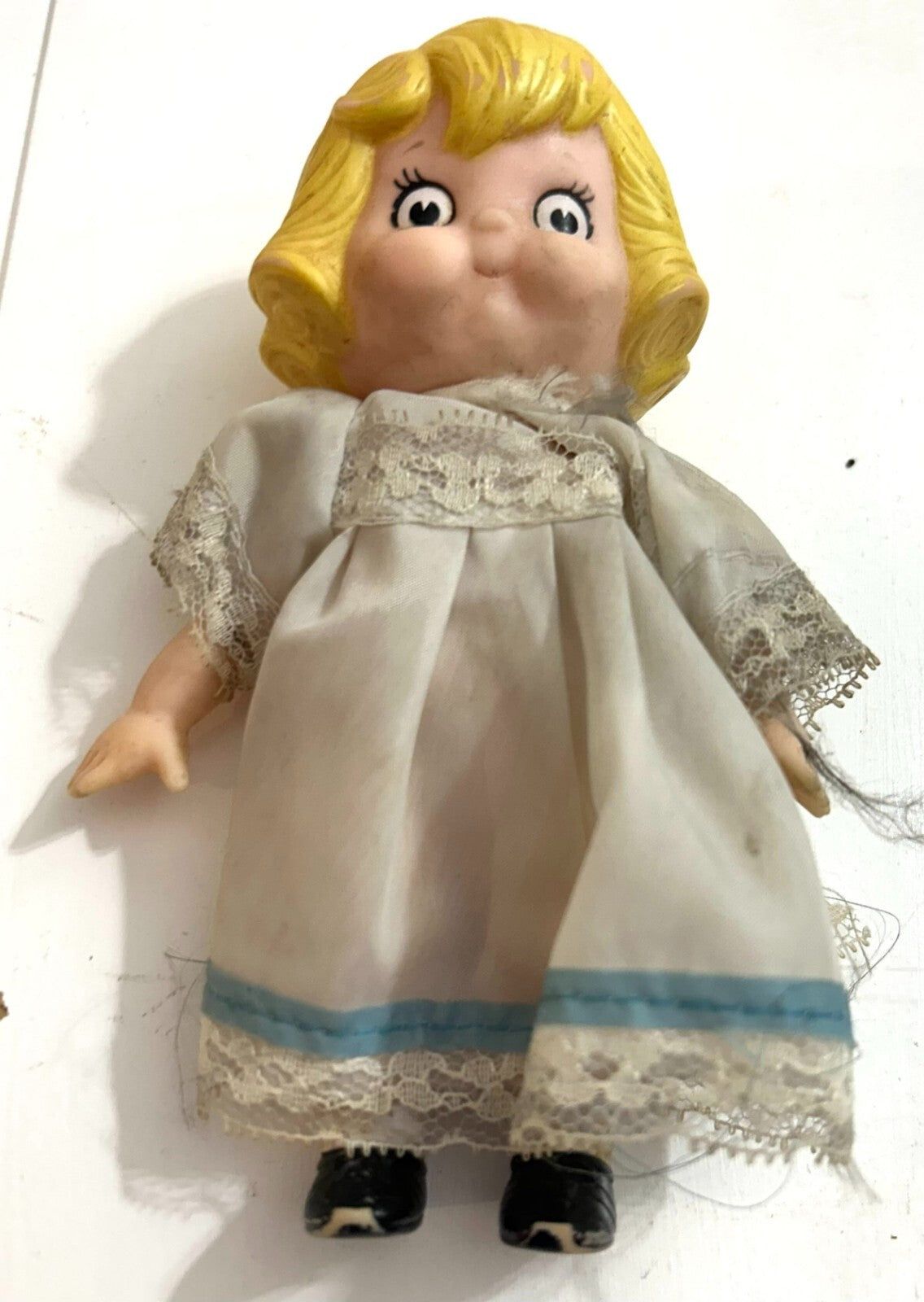 Vintage Collectible Yellow Hair White Complexion Toy Girl Doll In Dress