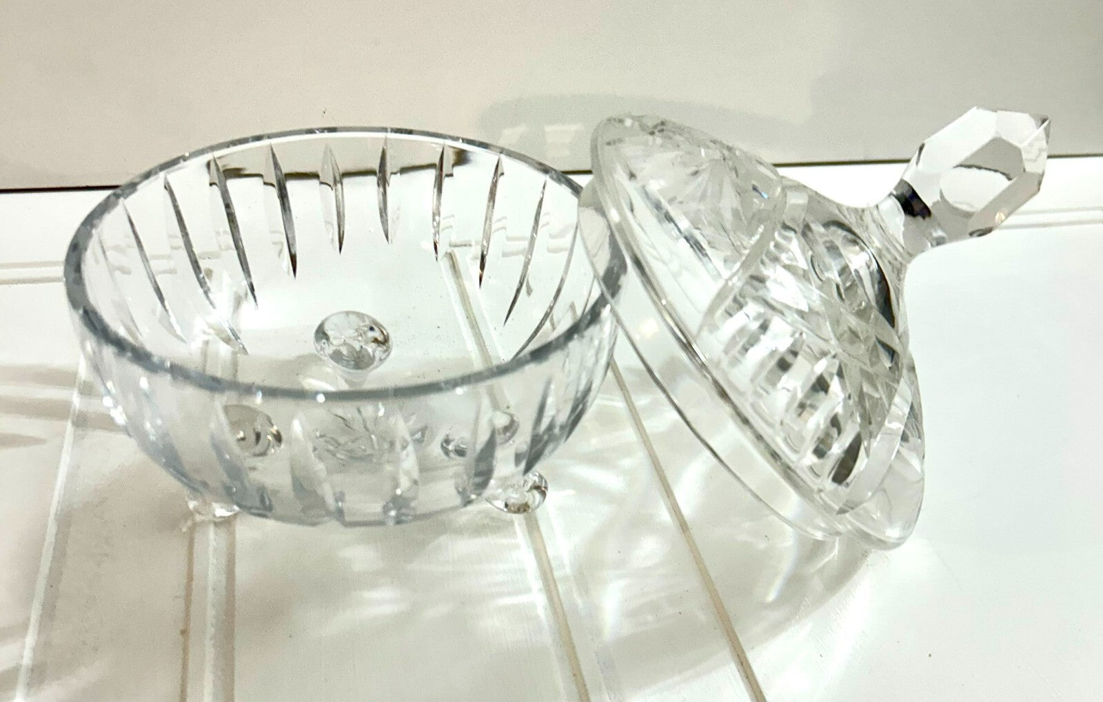 Vintage Clear Glass Footed Bon Bon/Candy Dish With Lid Starburst Design