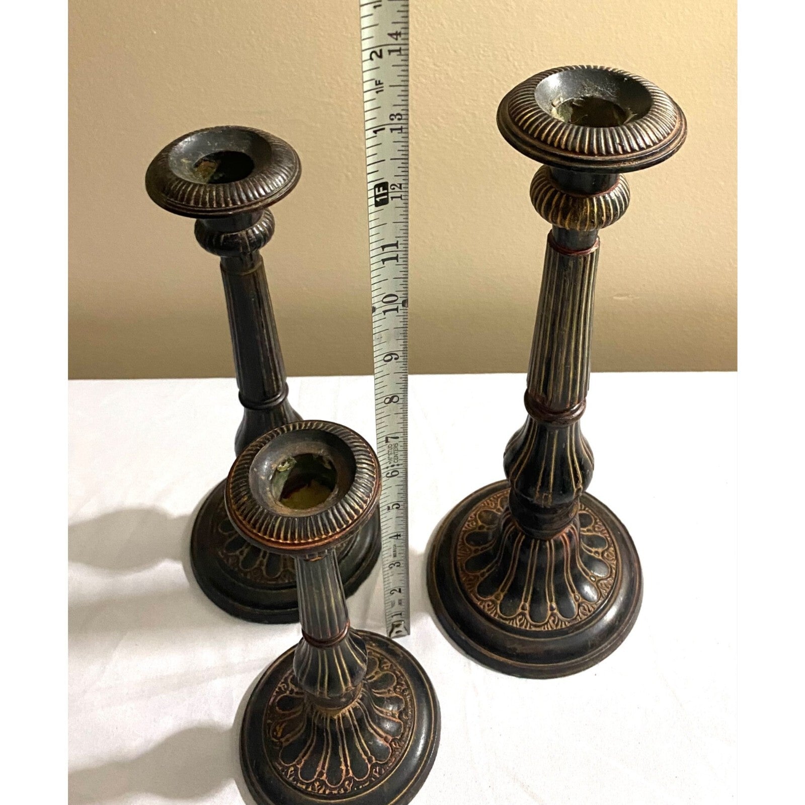 Stunning set of 3 Mid Century brass candle holders