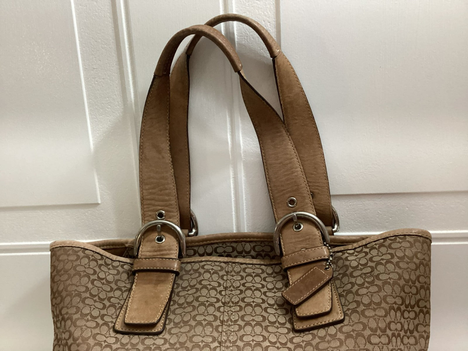Coach Women's Signature Logo Brown Leather Canvass Double Handle Tote Bag