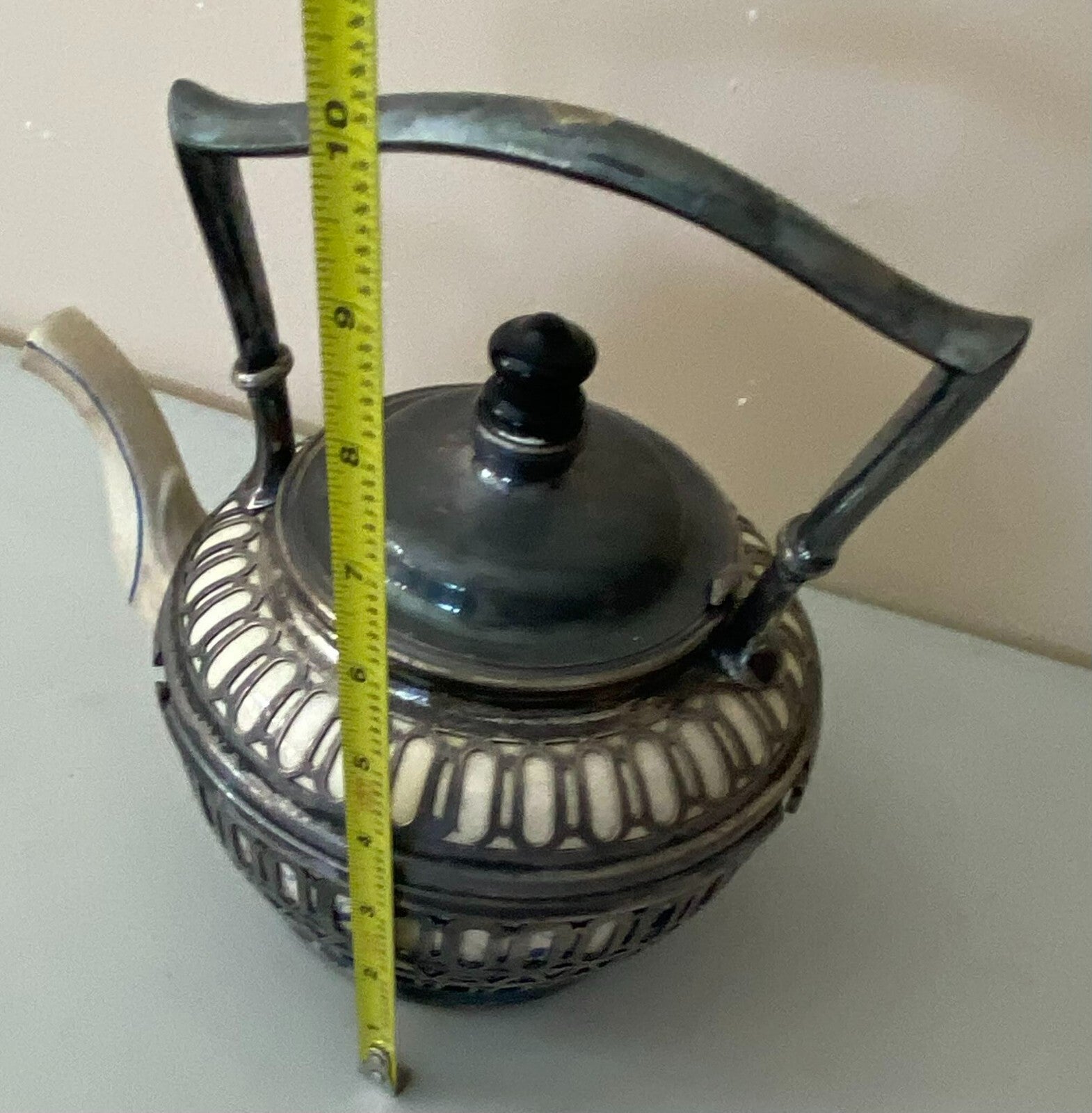 Antique Reticulated Ceramic Covered With Metal Teapot With Built In Strainer