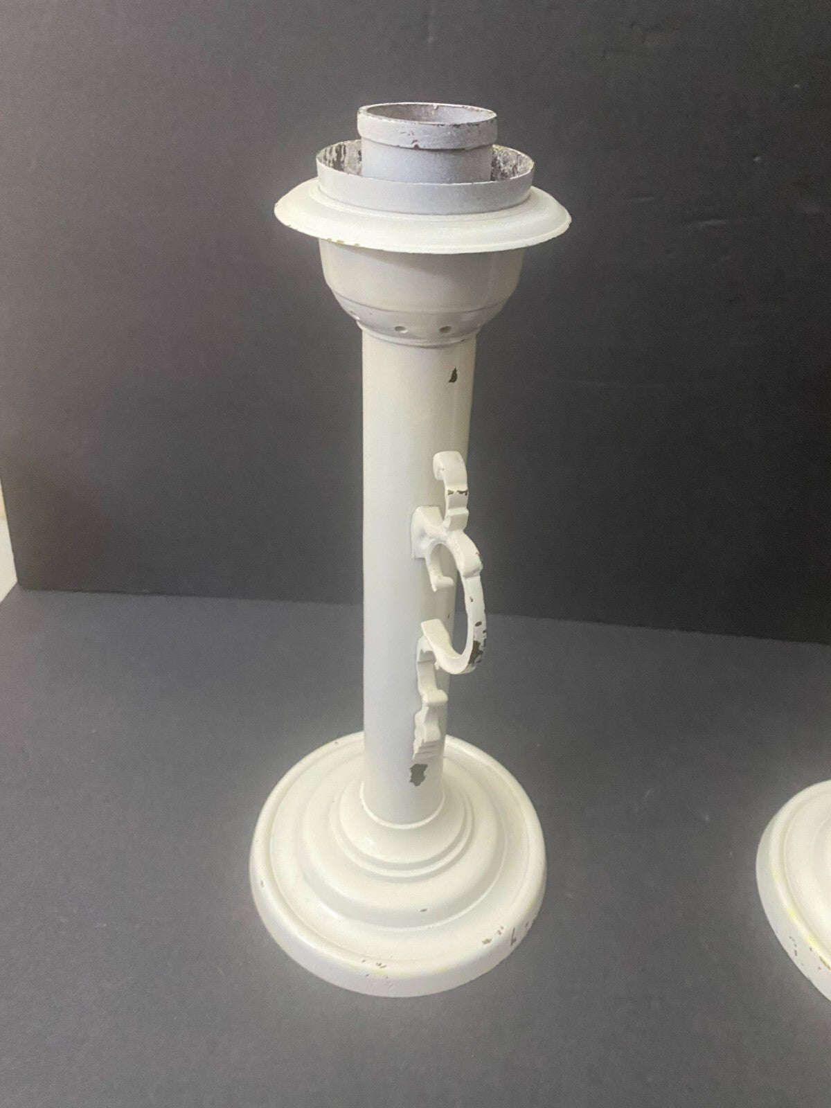 Set Of 2 White Painted Brass Decorative Display Candlesticks Holder 11x5 Inches