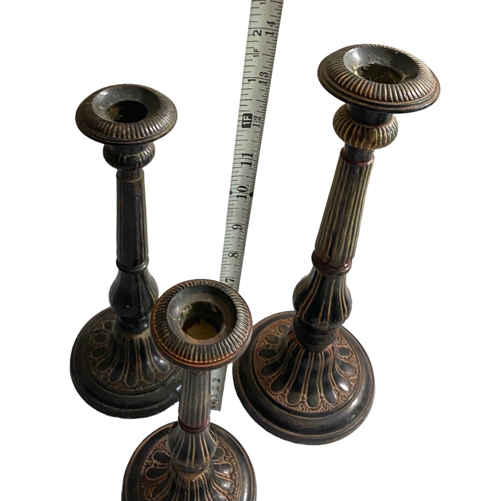Stunning set of 3 Mid Century brass candle holders