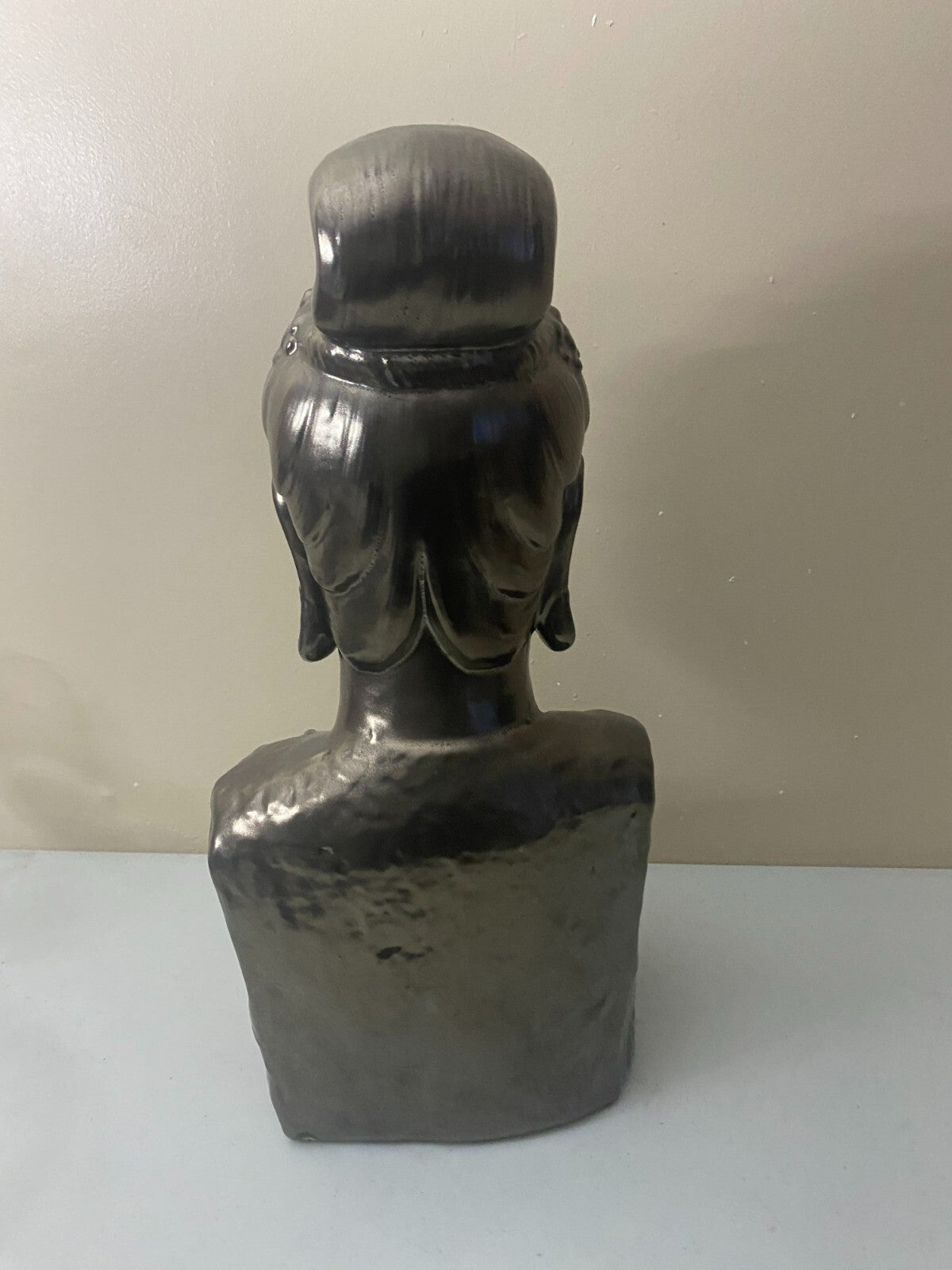 Large Pewter Gray Ceramic Buddha Bust Statue 19.5x9x6 In