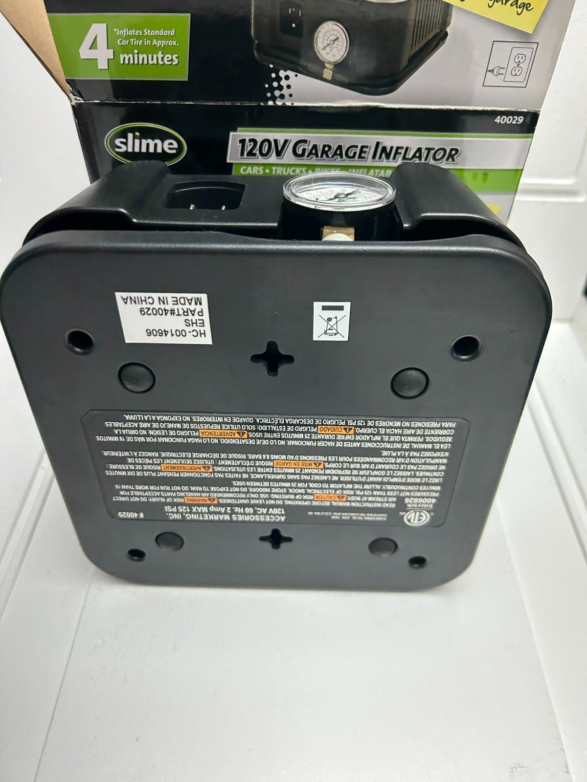 Slime 120 Volts Garage Inflator For Cars/Trucks /Bikes / Inflatable: 125 PSI Max