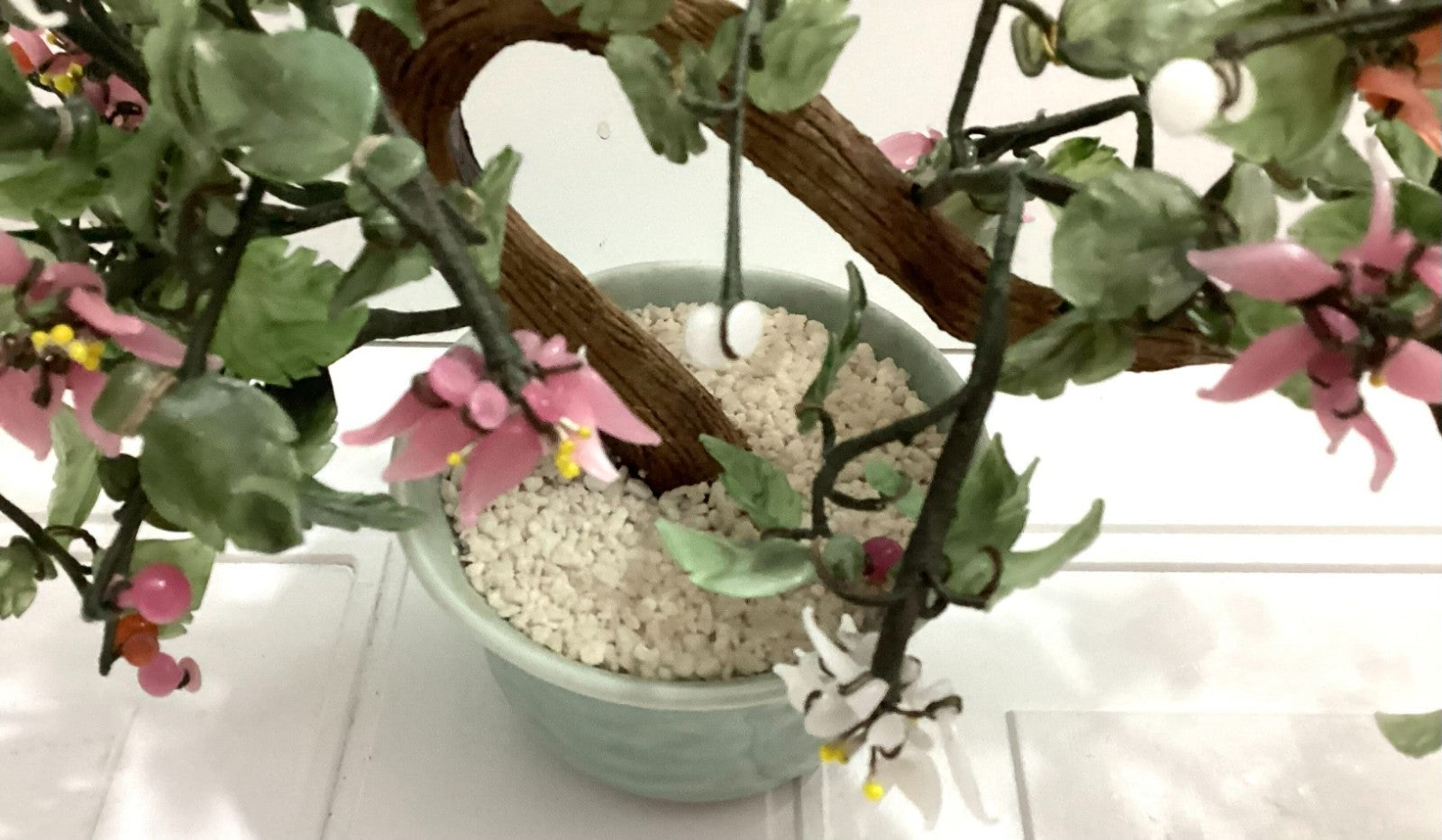 Japanese Vintage Artificial Bonsai Tree And Jade Flowers