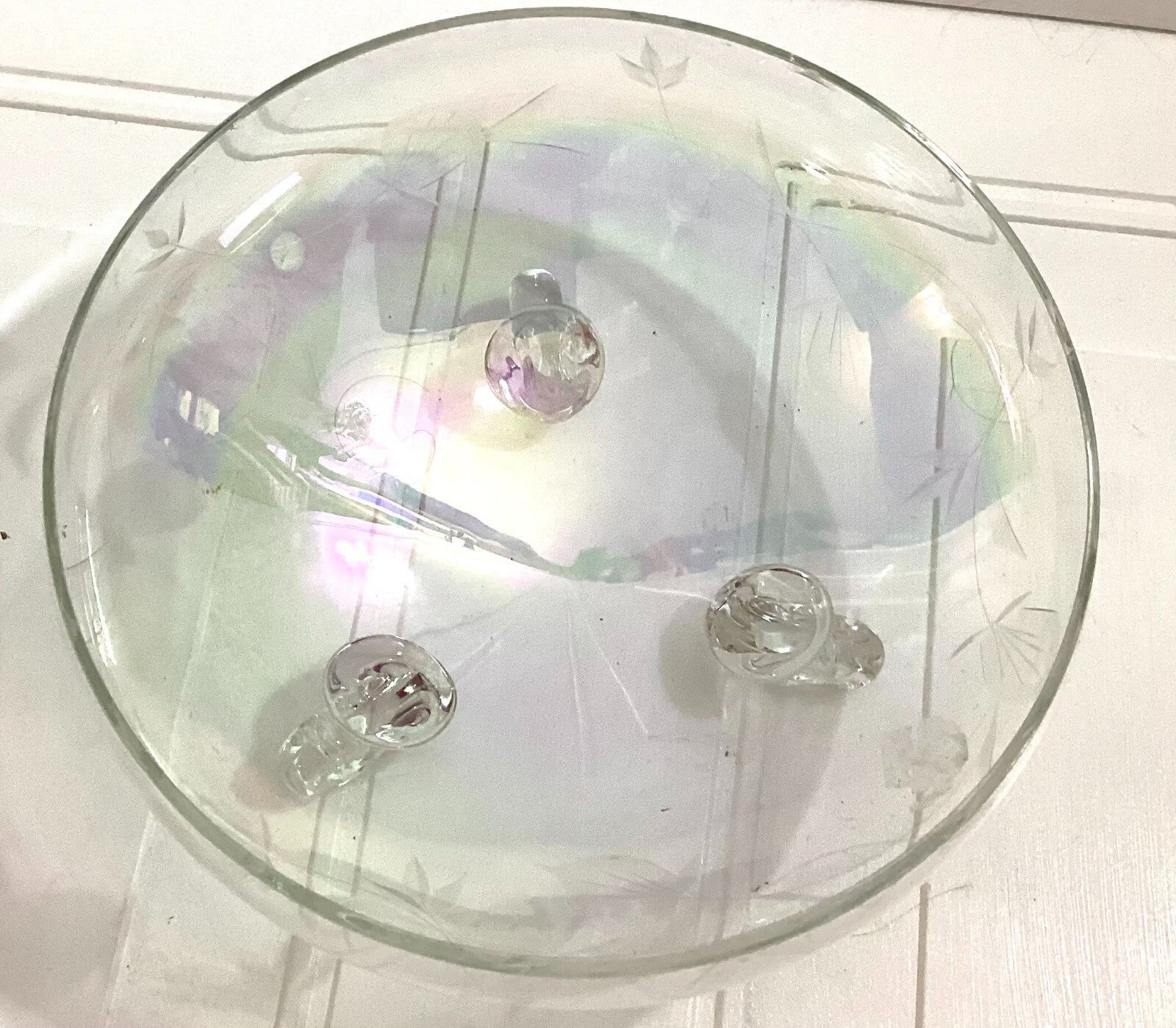 Vintage 3 Footed iridescent Round Etched Shaped Clear Glass Bowl 9X4.5 Inches