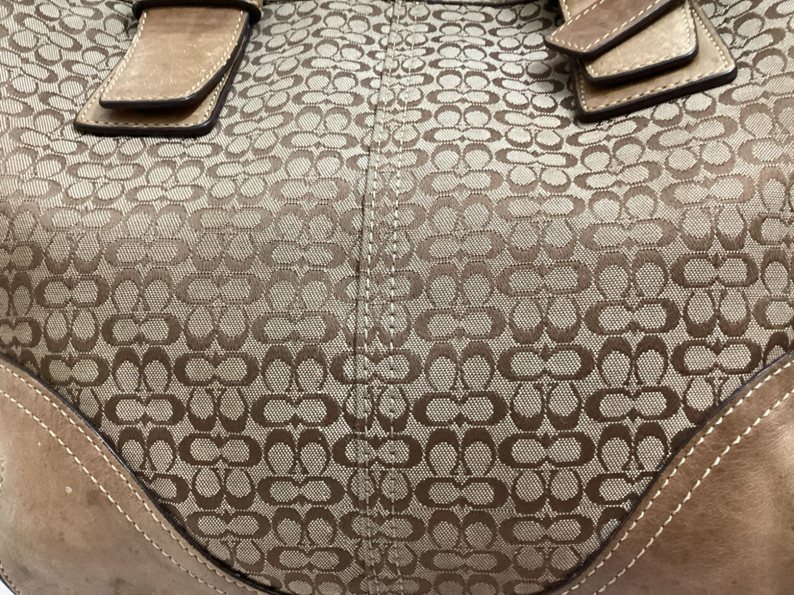 Coach Women's Signature Logo Brown Leather Canvass Double Handle Tote Bag
