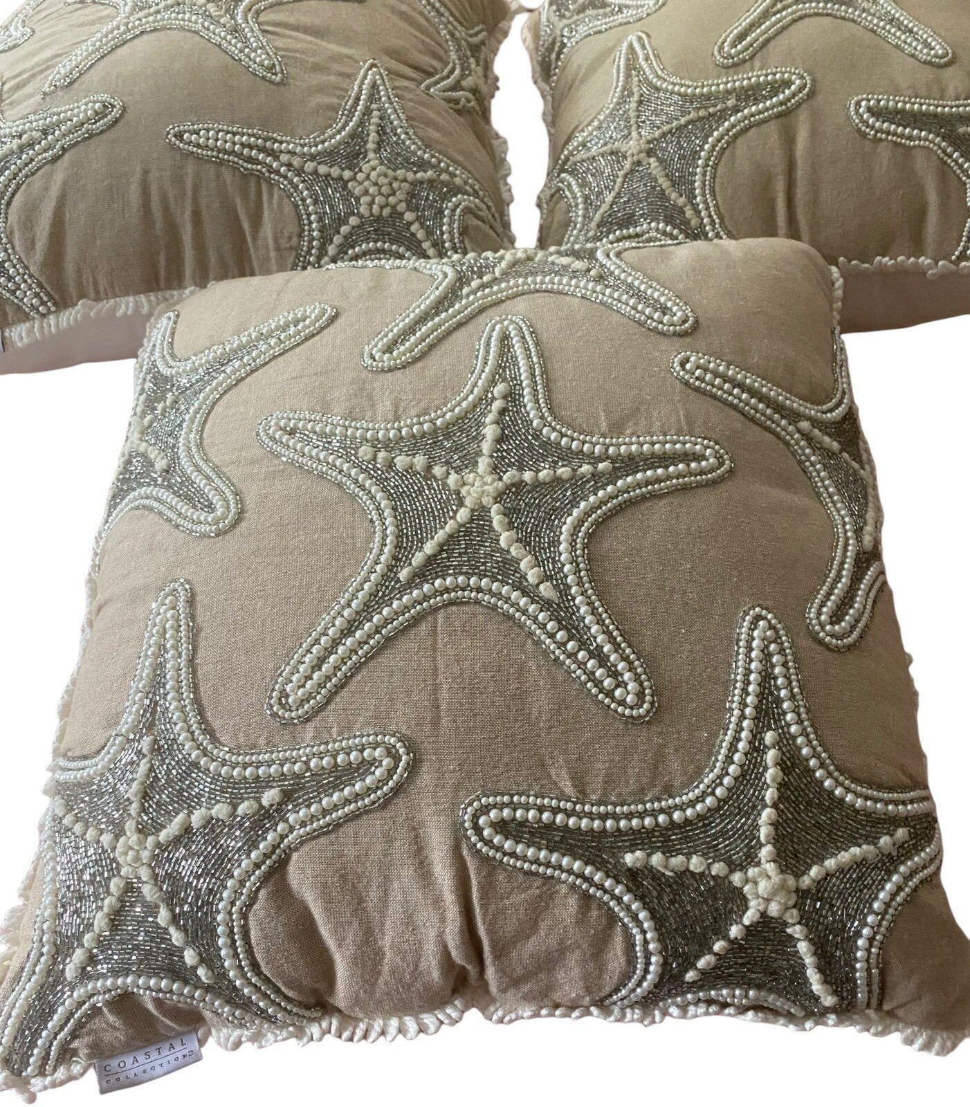 Set of 3 Coastal Collection Starfish Pearl Beaded Square Shape Pillows
