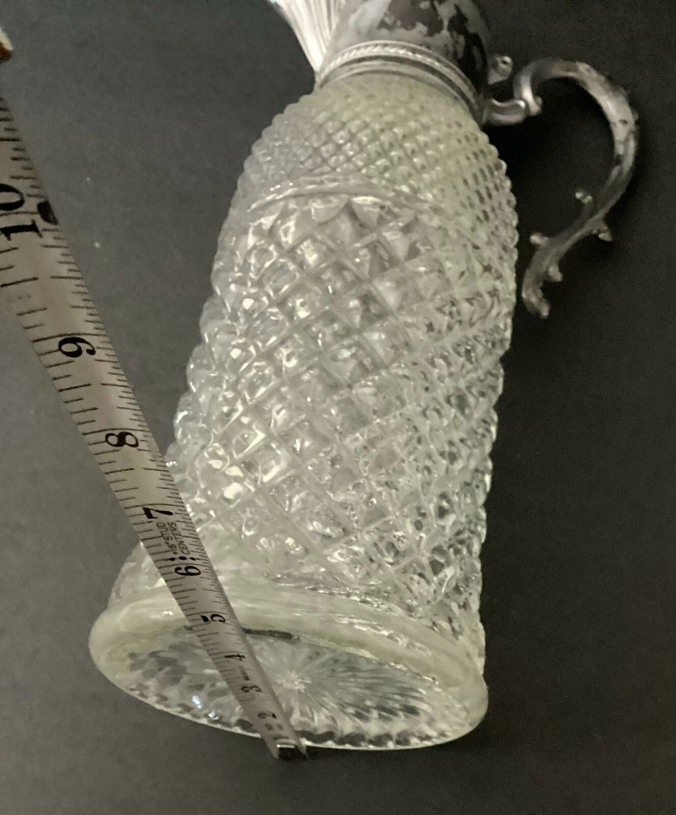 Pressed Glass Crystal Pitcher Decanter Silver Plate Top