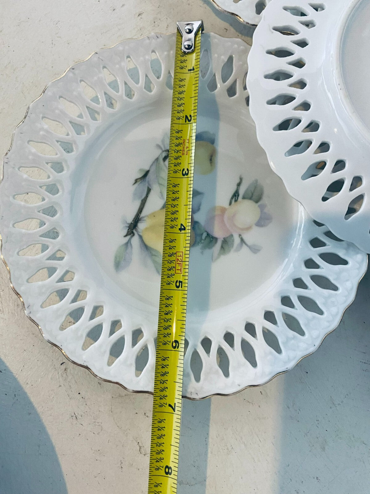 Lot Of 5 White Assorted Fruits Design Round Shaped Lattice Plates