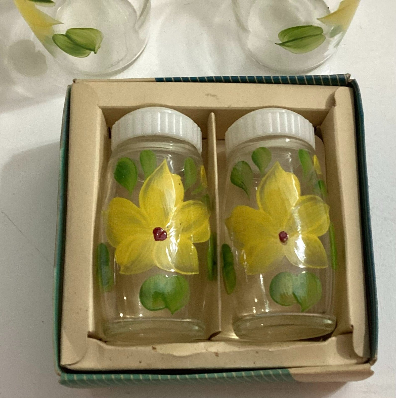 Vtg Floral Hand Painted 70’s Juice Glasses, TeaCup, Carafe, Salt/Pepper Shaker