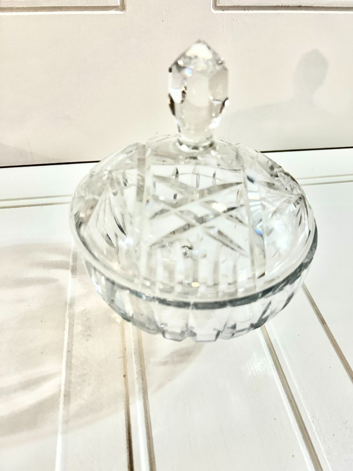 Vintage Clear Glass Footed Bon Bon/Candy Dish With Lid Starburst Design