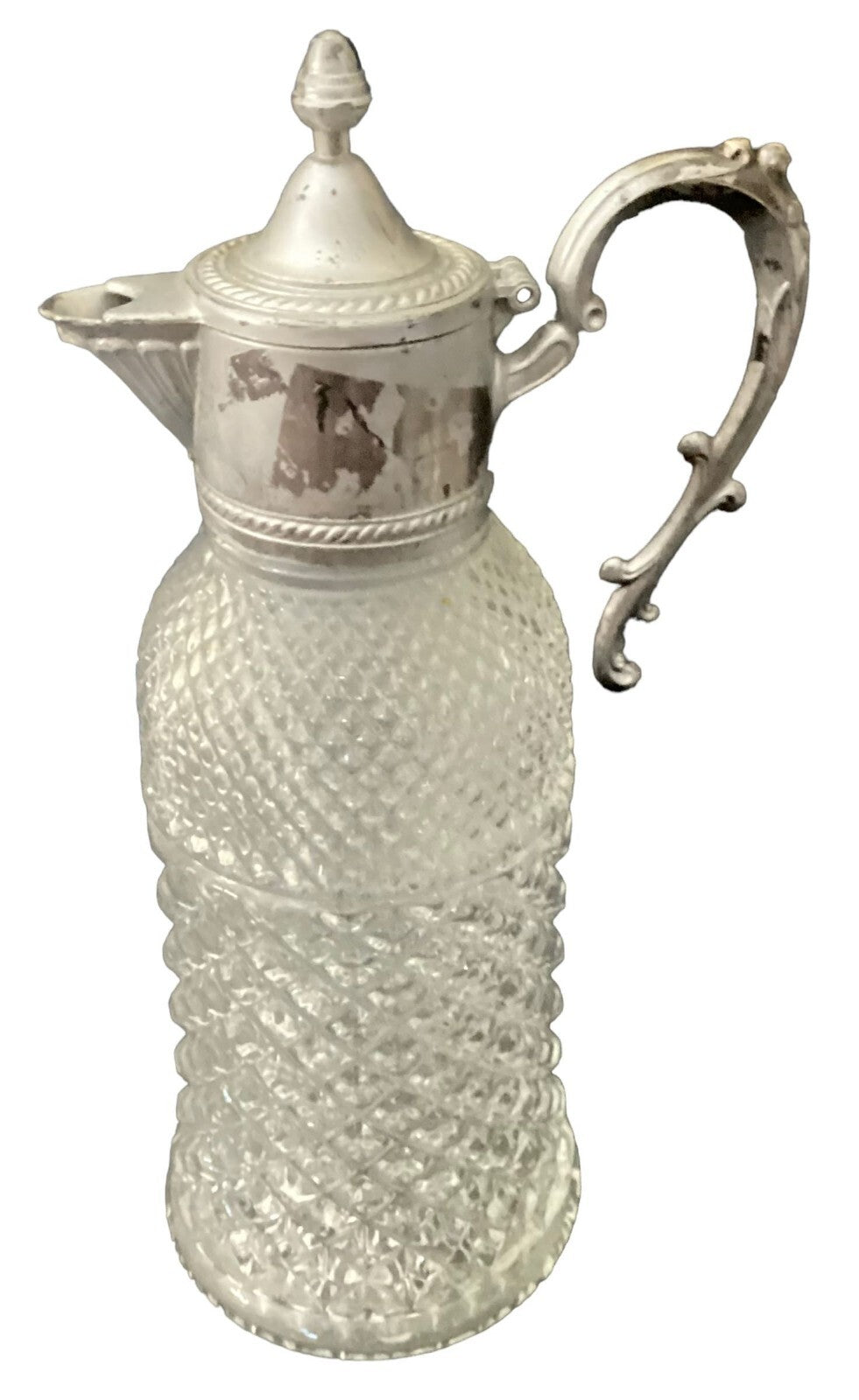Pressed Glass Crystal Pitcher Decanter Silver Plate Top