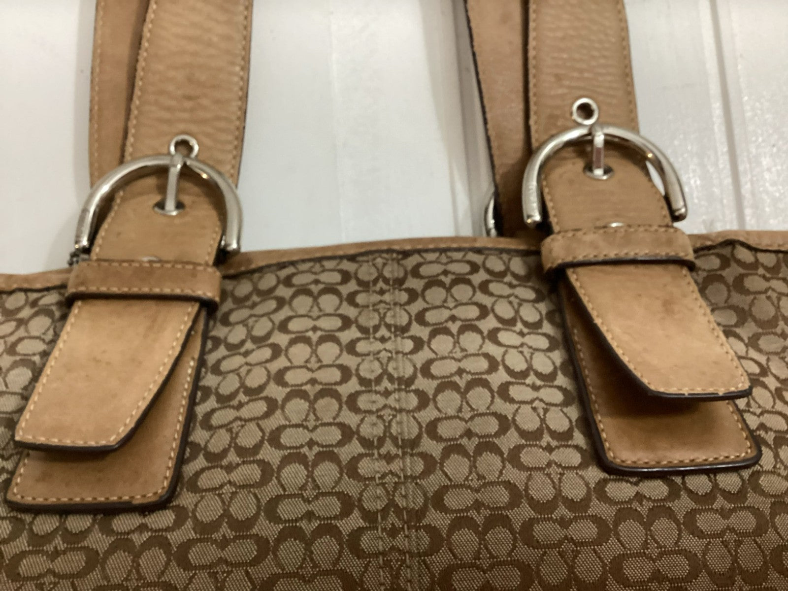 Coach Women's Signature Logo Brown Leather Canvass Double Handle Tote Bag
