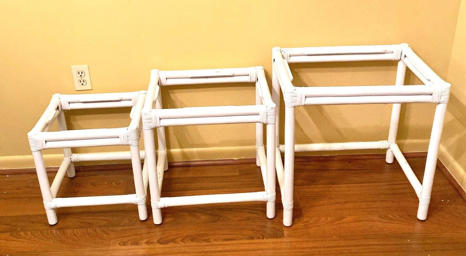 Set Of 3 White Rectangular Shaped Indoor Bamboo Nesting Side Tables