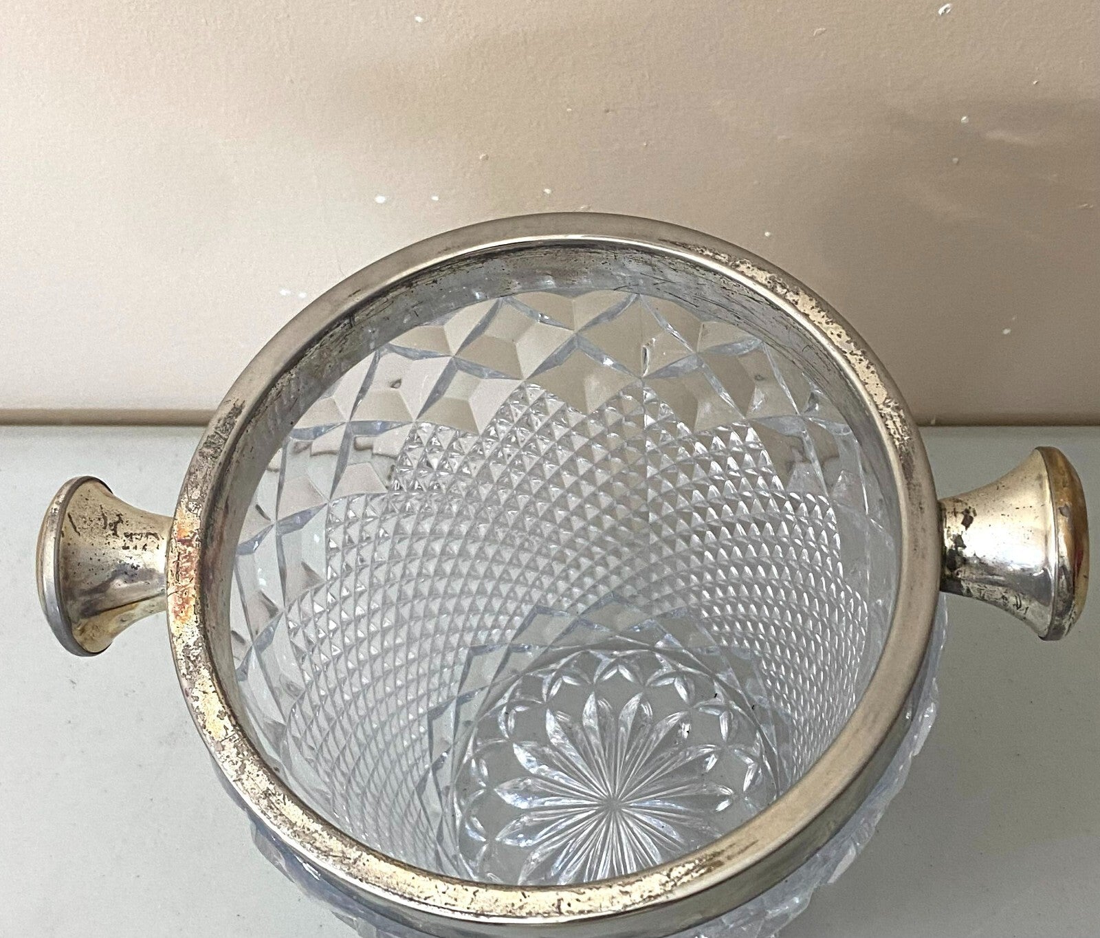 Vintage French Cut Crystal Champagne Bucket silver Handles