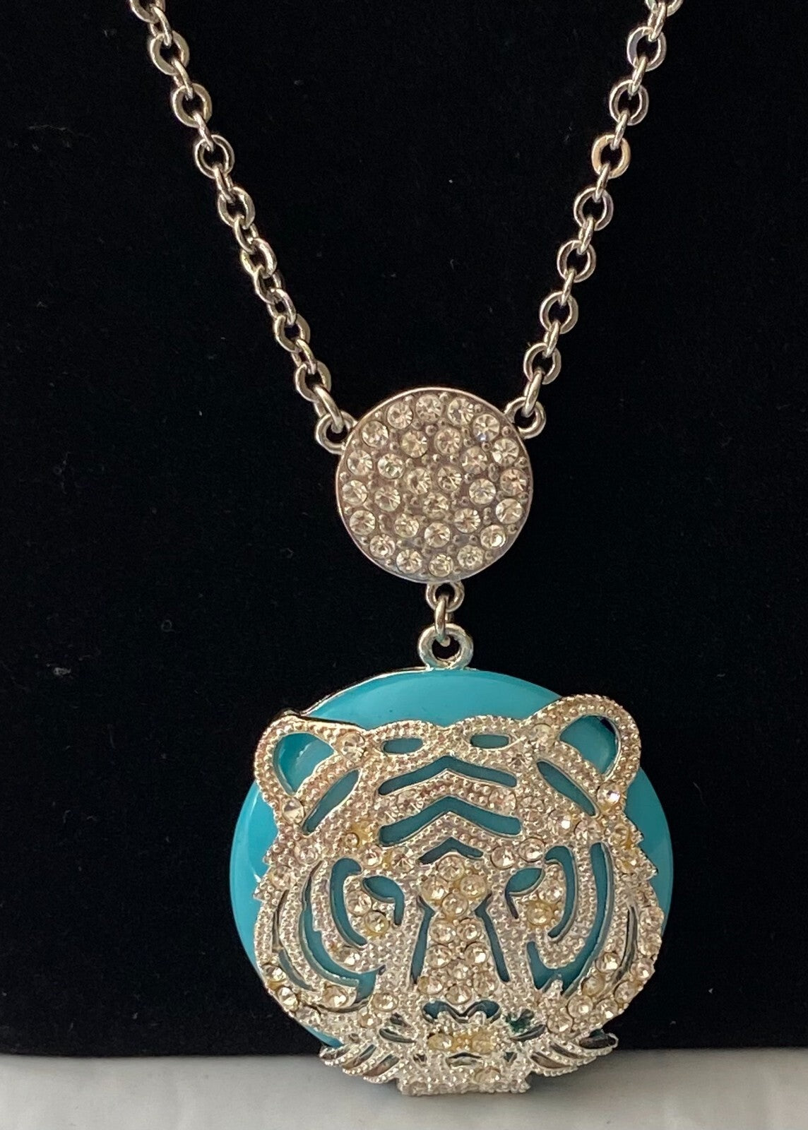 Silver Tone Womens Necklace With Rhinestone Tiger Pendant