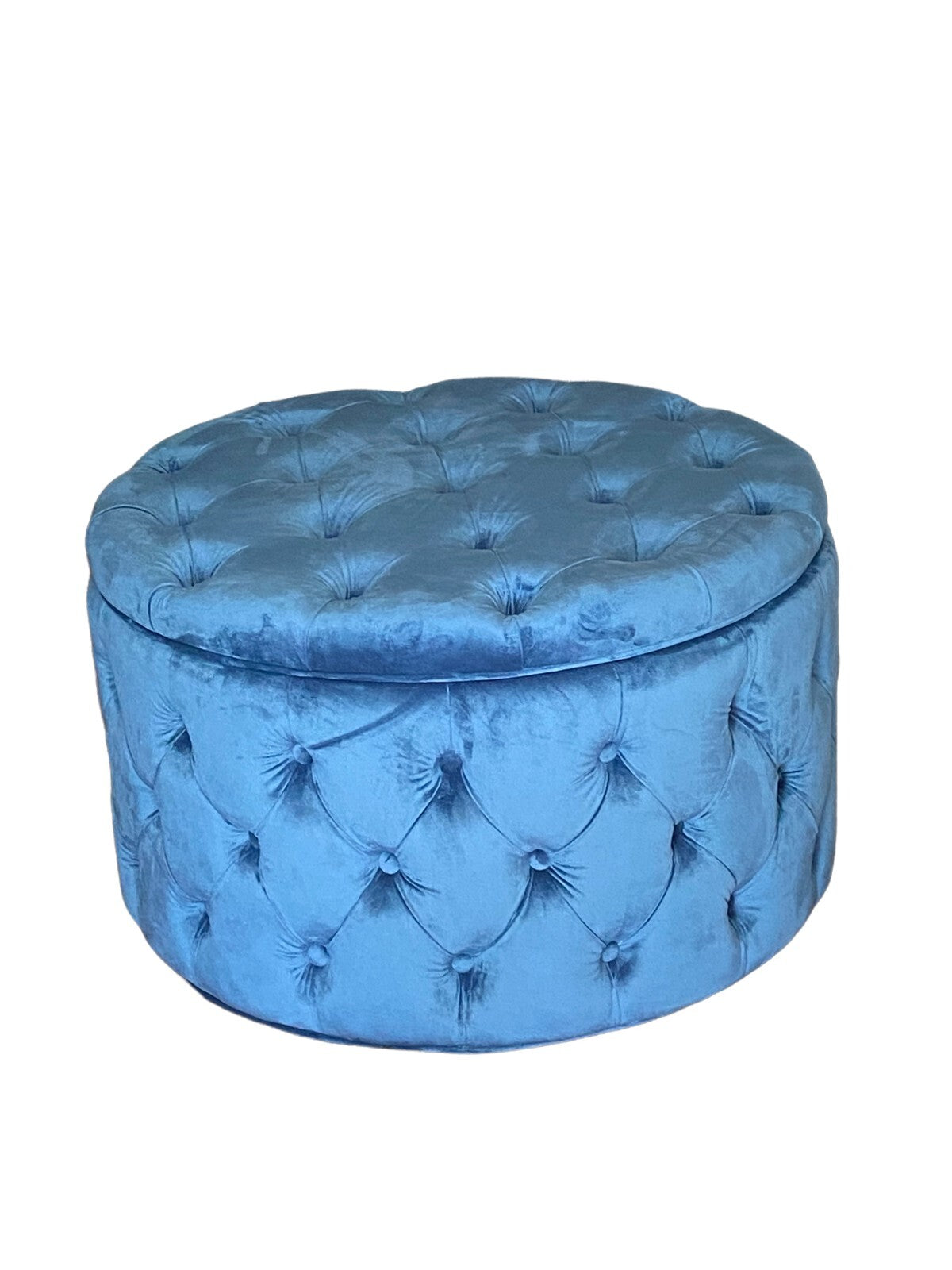 Blue Tufted Round Ottoman/Storage. no Wheels