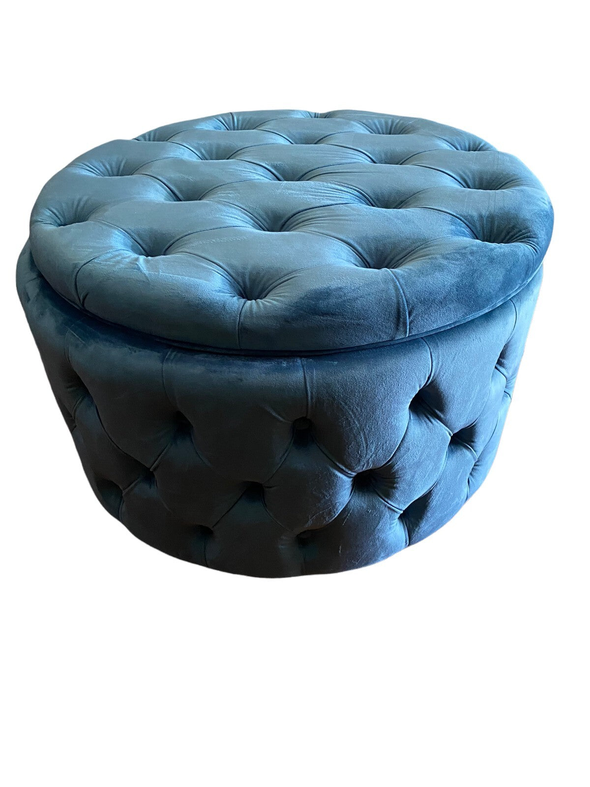 Blue Tufted Round Ottoman/Storage. no Wheels