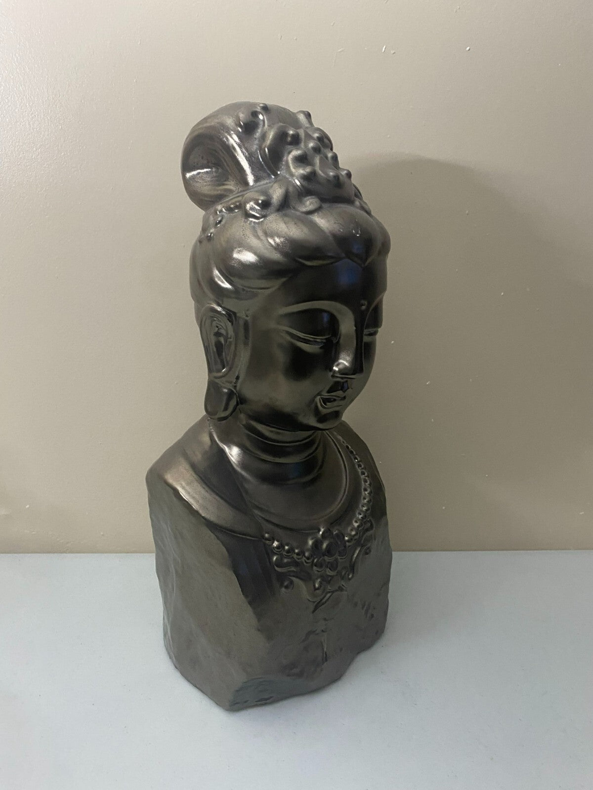 Large Pewter Gray Ceramic Buddha Bust Statue 19.5x9x6 In