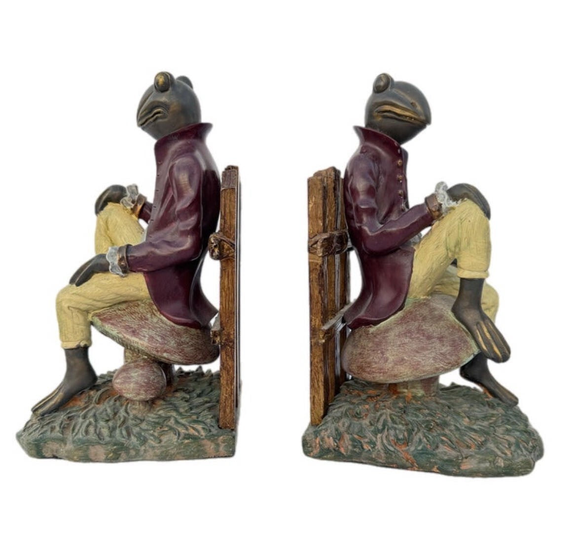 Vintage Set Of 2 Gentlemanly Frog Sitting On Mushroom Bookends