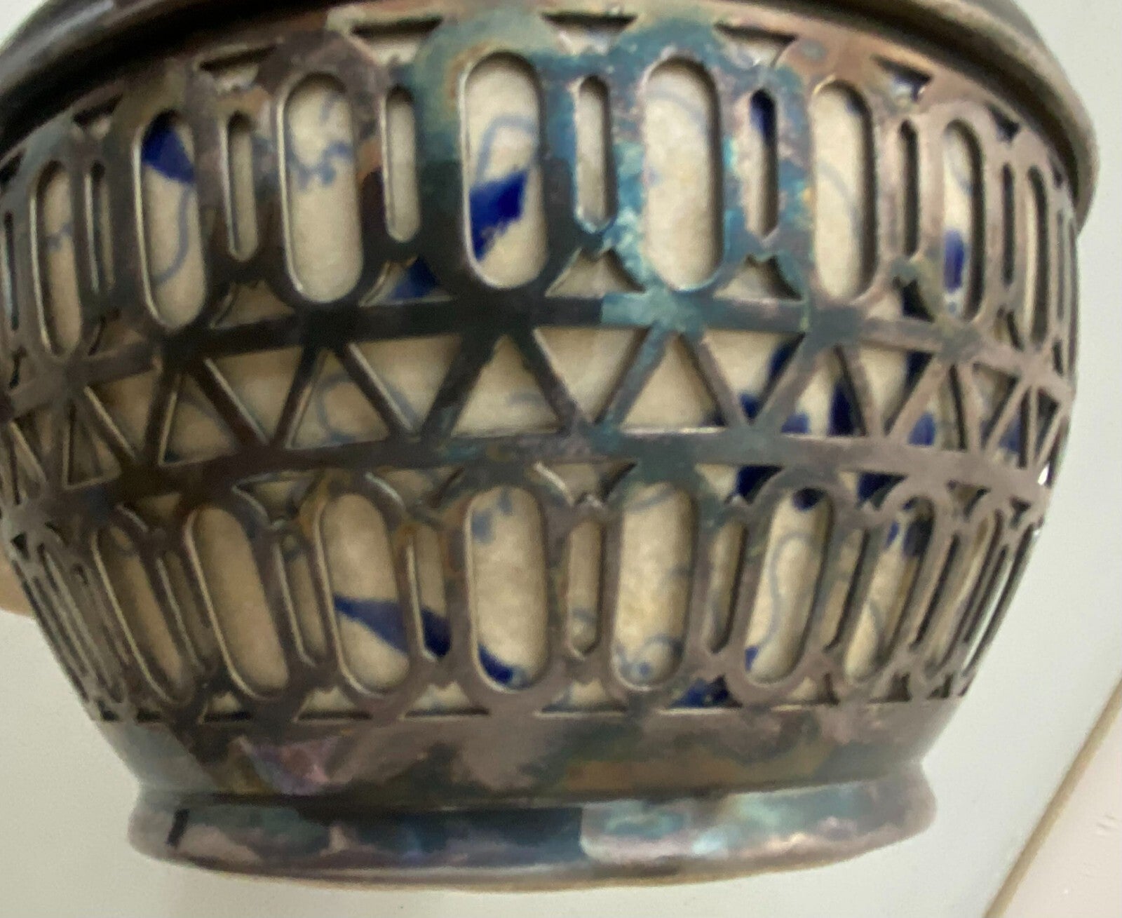 Antique Reticulated Ceramic Covered With Metal Teapot With Built In Strainer