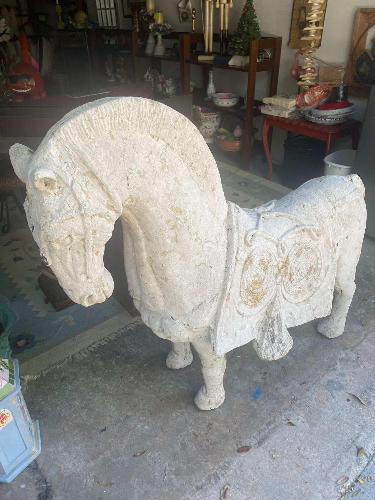 Large White Stylized Plaster Tang Horse Decor Display
