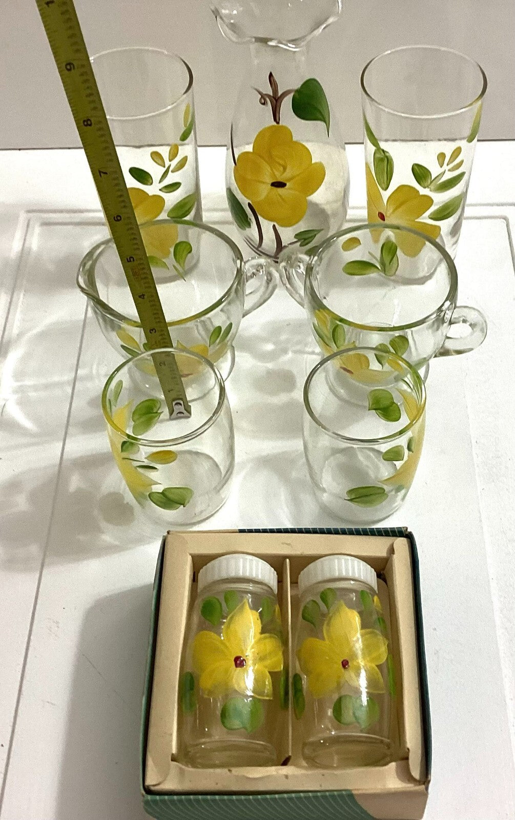Vtg Floral Hand Painted 70’s Juice Glasses, TeaCup, Carafe, Salt/Pepper Shaker