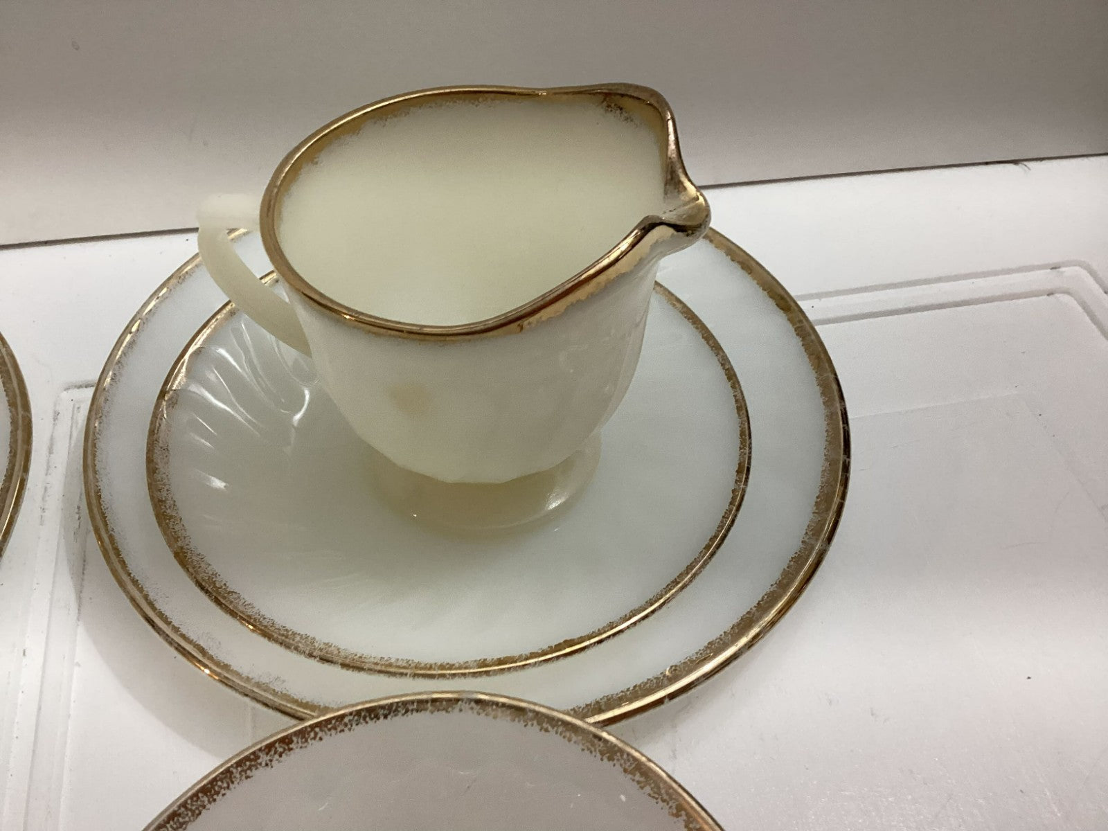 14 Pcs Vintage Fire King White swirl Milk Glass Oven Ware With Gold Rim