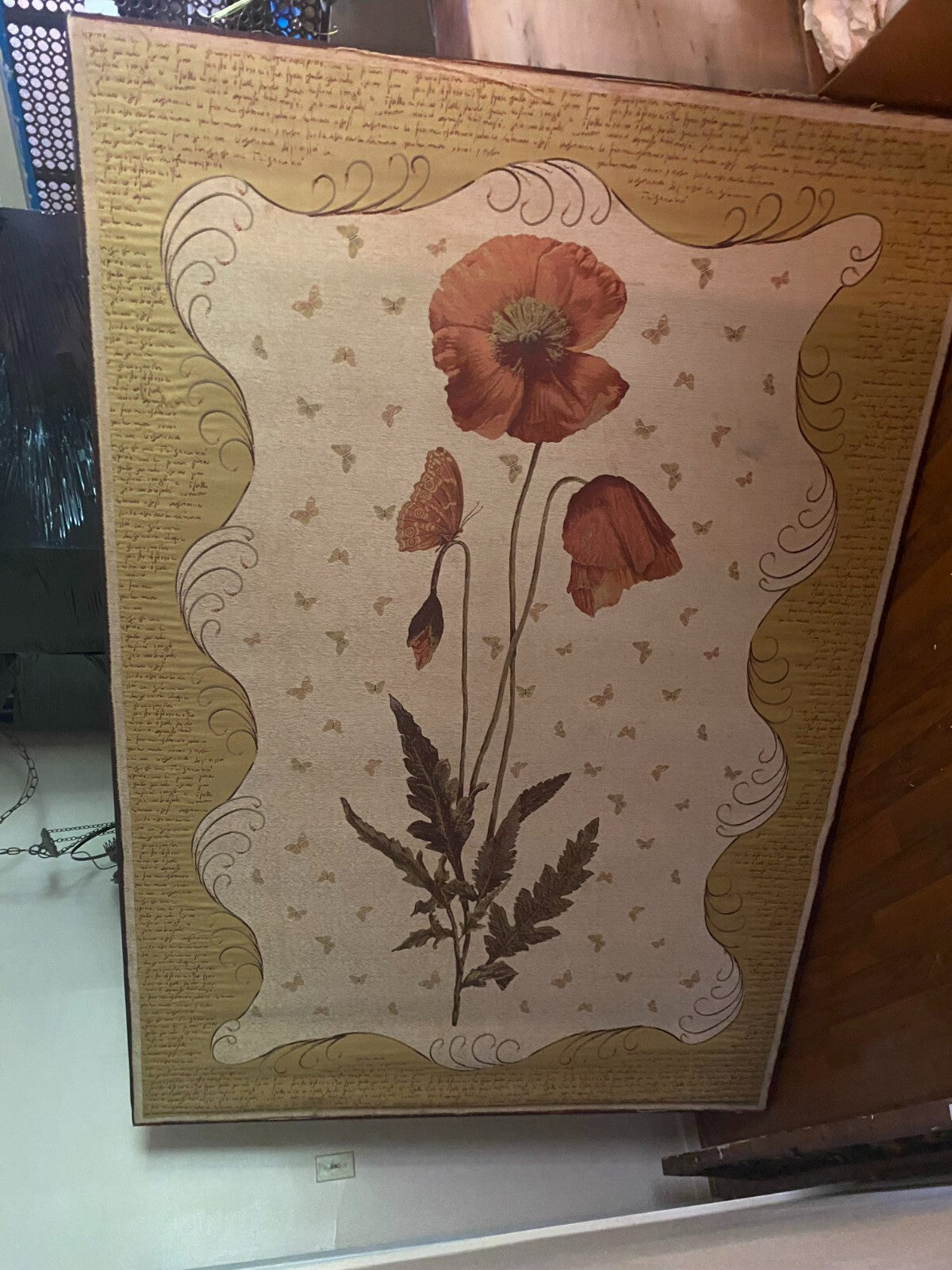 Large Rectangular Poppies Floral Design Wall Hanging Display On Fabric Hand Made